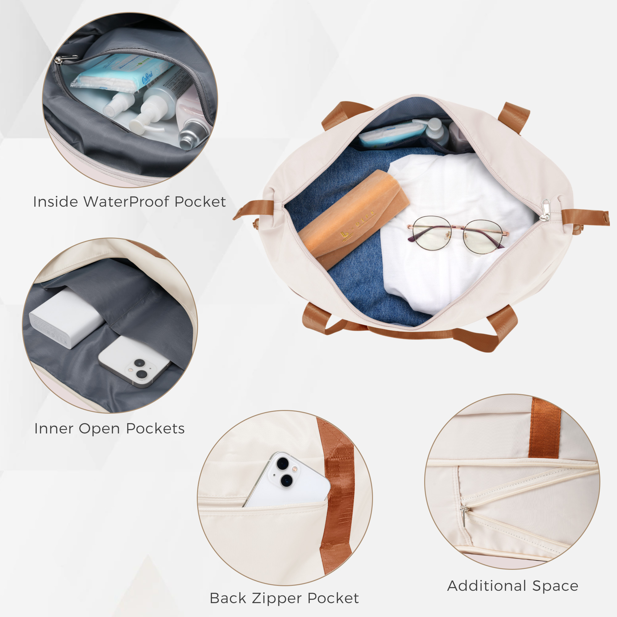 6-Piece Hardside Luggage Set with TSA Lock, 16/20/24/28 Inch Spinner Suitcase Set with Expandable Travel Duffel Bag & Waterproof Toiletry Kit, Adjustable Handle (ivory and brown) 4
