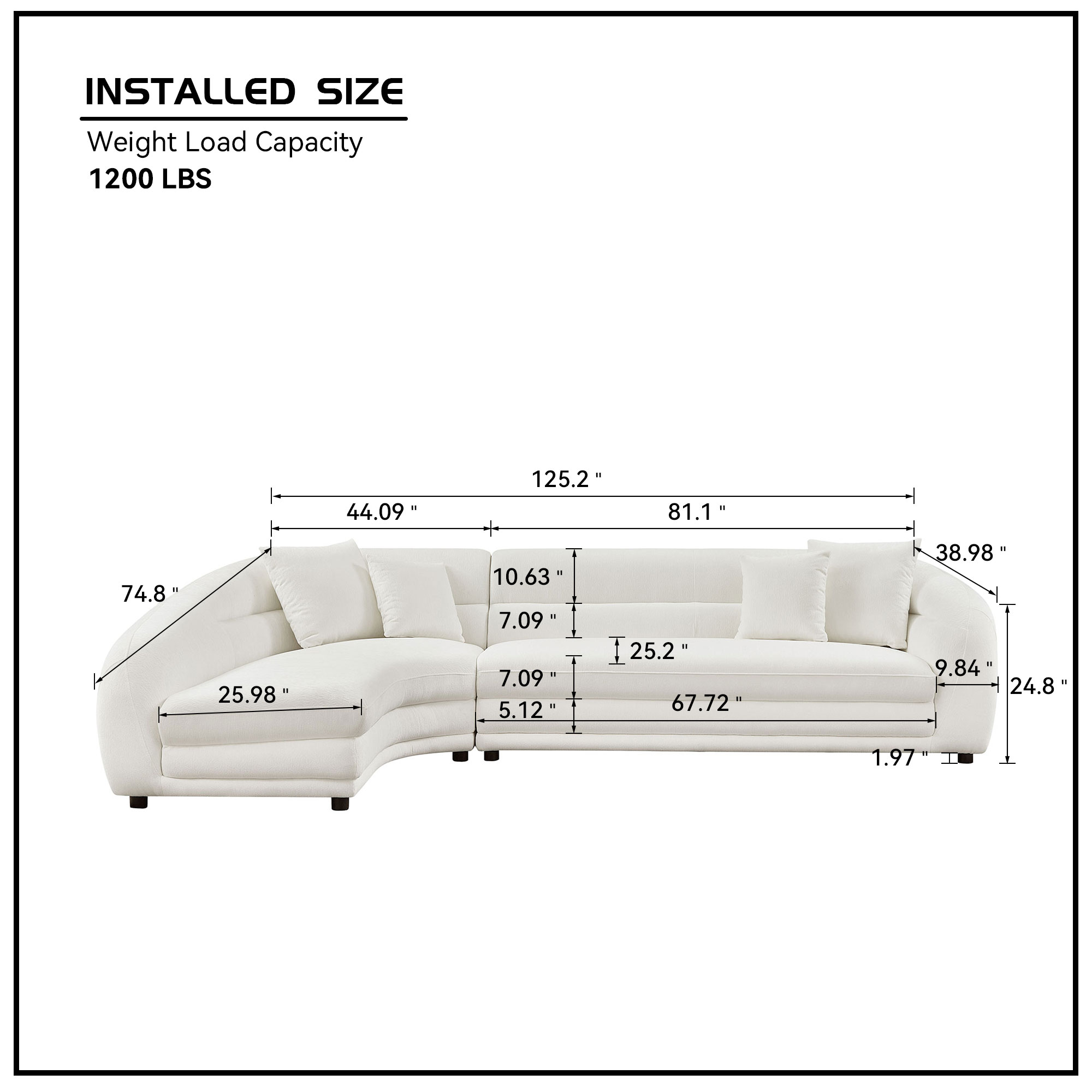 125.2 inch Mordern Curved L-Shaped Modular Sofa with Comfort Pillows,Upholstered Comfy Couch,Sectional Sofa for Living Room,Office — foto 8