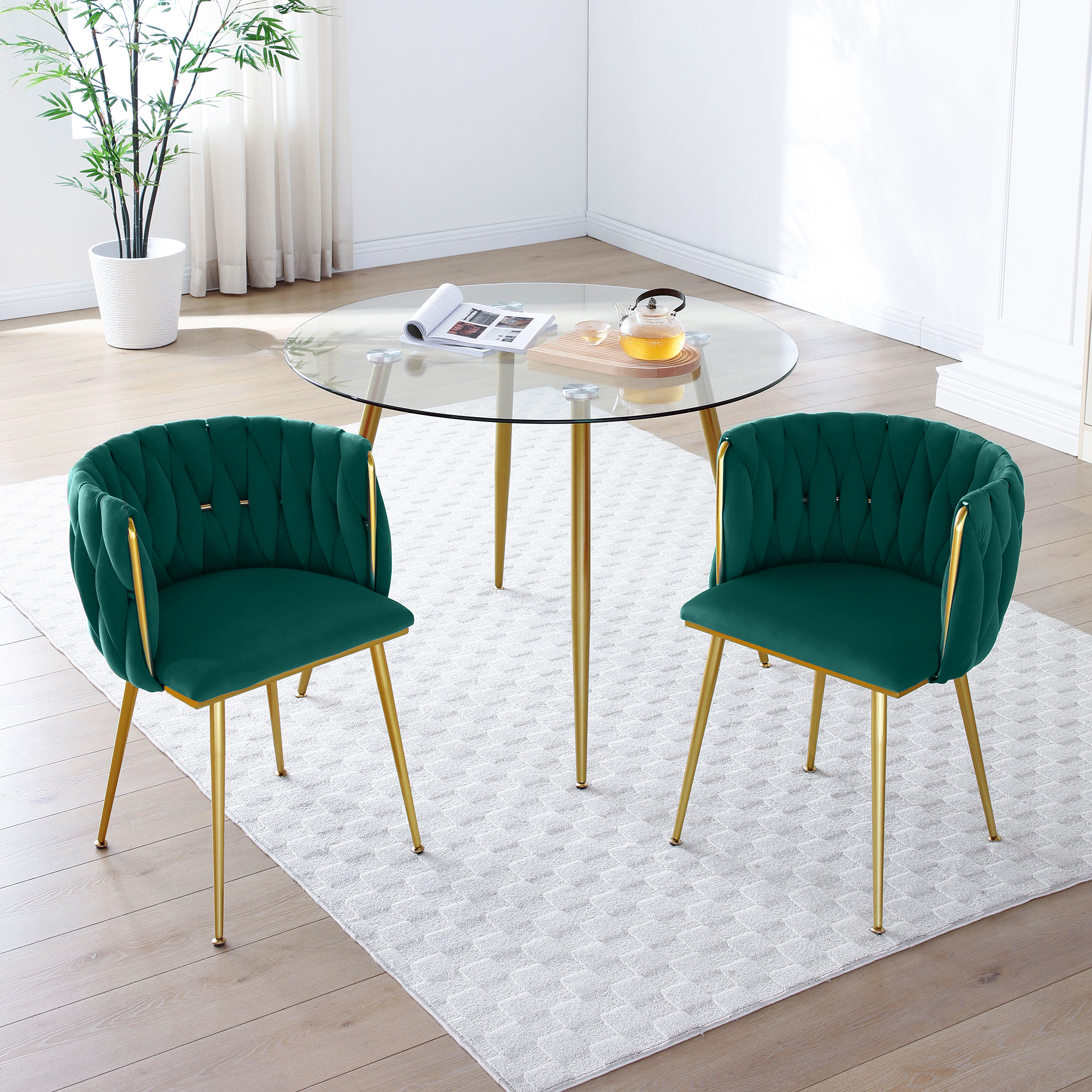 Modern Velvet Dining Chairs Set of 2, Upholstered Woven Dining Chair with Golden Metal Legs, Upholstered Dining Chairs for Dining Room, Kitchen, Vanity, Living Room — foto 3