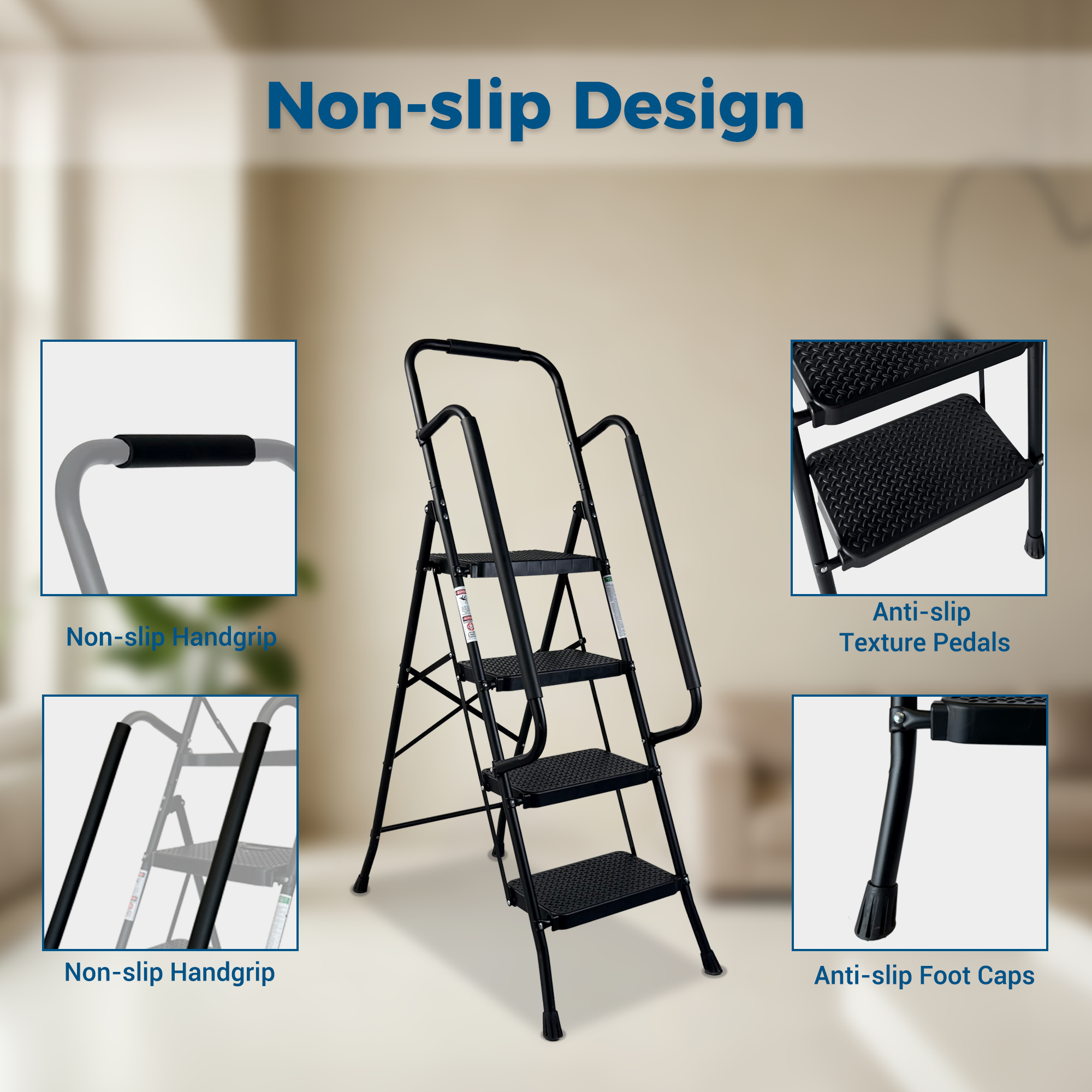 4 Step Ladder, Folding Step Stool with Wide Anti-Slip Pedal, Sturdy Steel Ladder, Convenient Handrail, Lightweight, Portable Steel Step Stool — foto 5