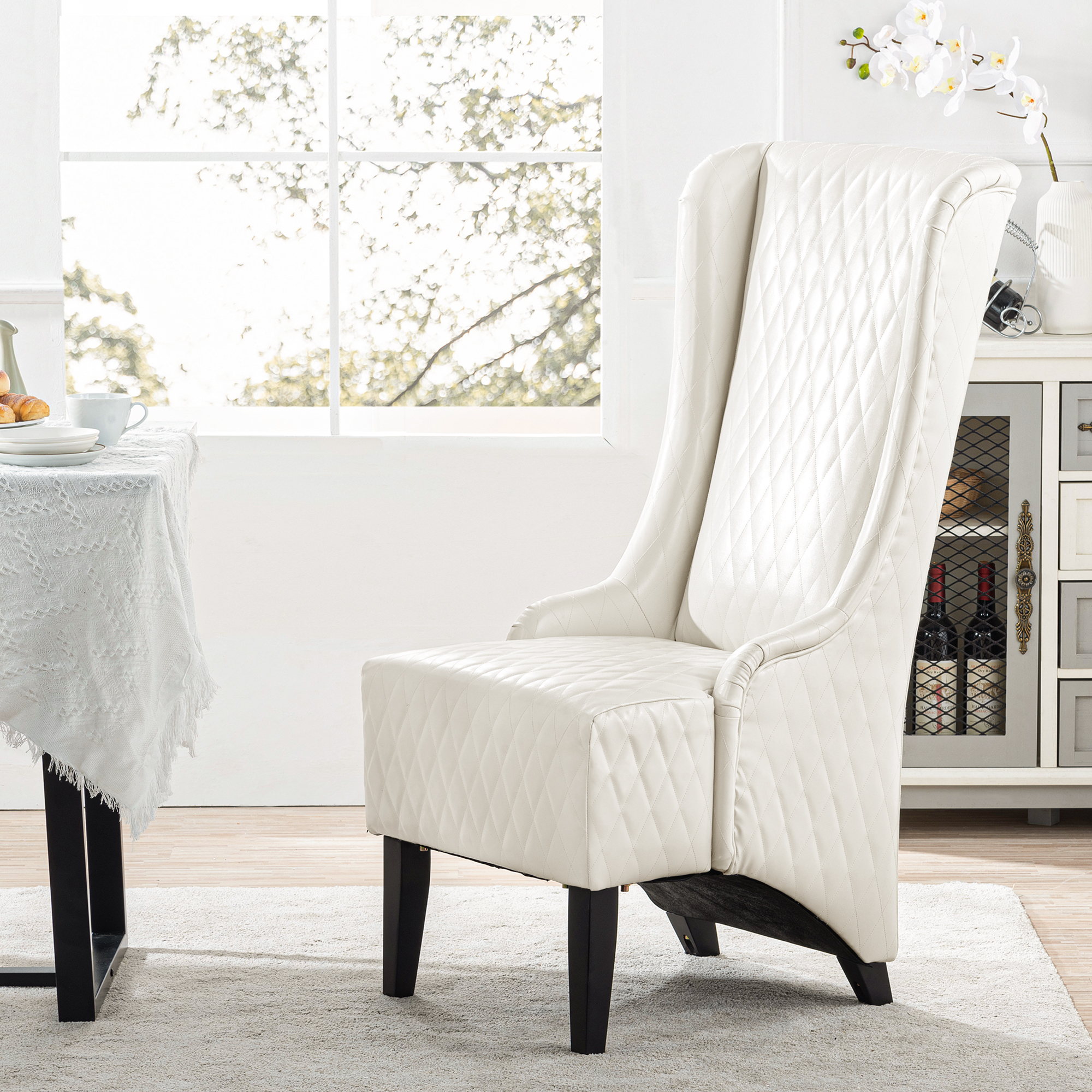 23.03" Wide Faux Leather High-Back Accent Chair, Comfy High Wingback Chair, Living Room Chair with Soft Padded & Wooden Legs, Modern Side Chair for Living Room, Bedroom, white — foto 4
