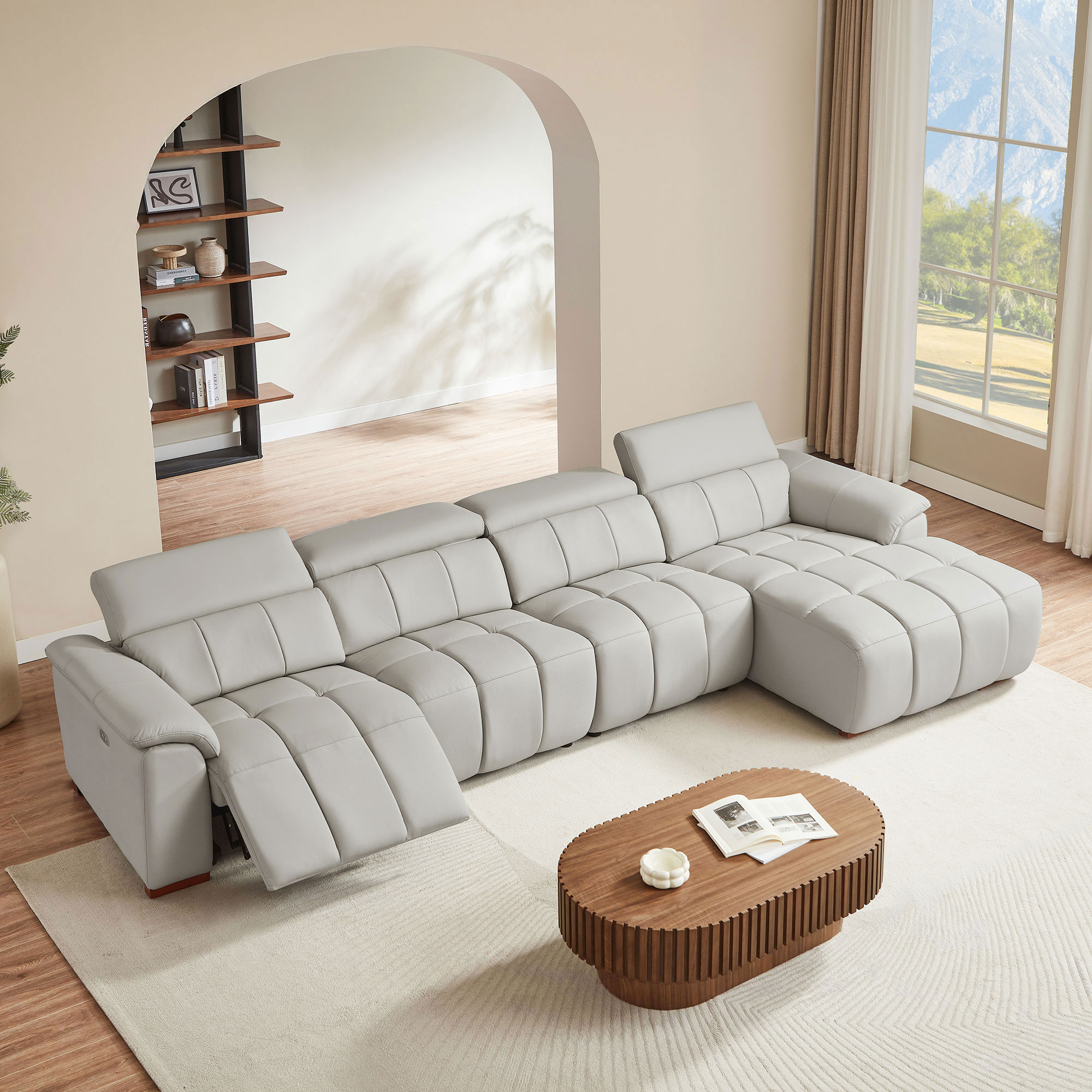 4 Seats Wall-Hugger Reclining Sofa Modern Electric Control Genuine Leather L Shaped Couch,Lounge Seat Theater Seating Furniture with USB Port, Sofa with Headrest & Footrest for Living Room,Apartment — foto 2