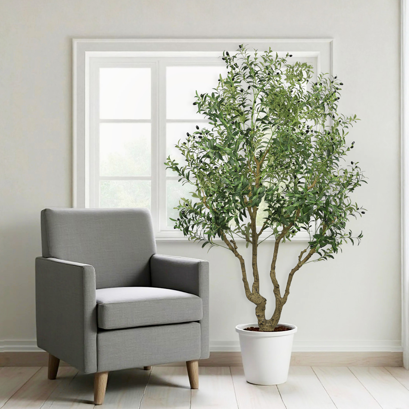 8FT Tall Artificial Olive Tree - Large Faux Potted Tree with Natural Trunk and Lifelike Olive Leaves and Fruit, Elegant Indoor/Outdoor Decorative Plant for Living Room, Office or Entryway, 1pc/set — foto 8