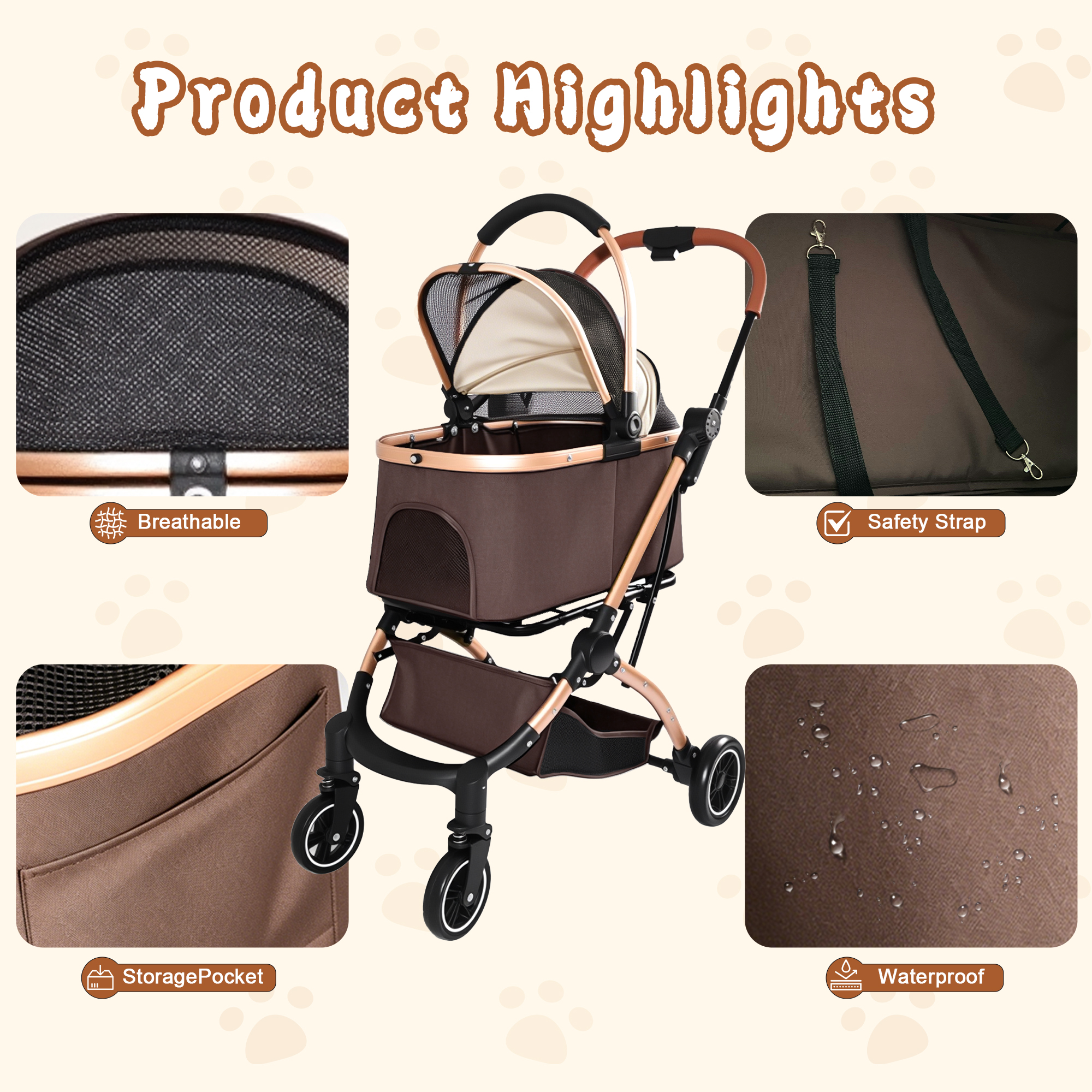 Pet Stroller for Dogs and Cats, 2-in-1 Detachable Foldable 4 Wheels Pet Stroller, Quick One-Hand Fold, Storage Basket, Detachable Carry Basket with Sun Canopy(Khaki++Gold)