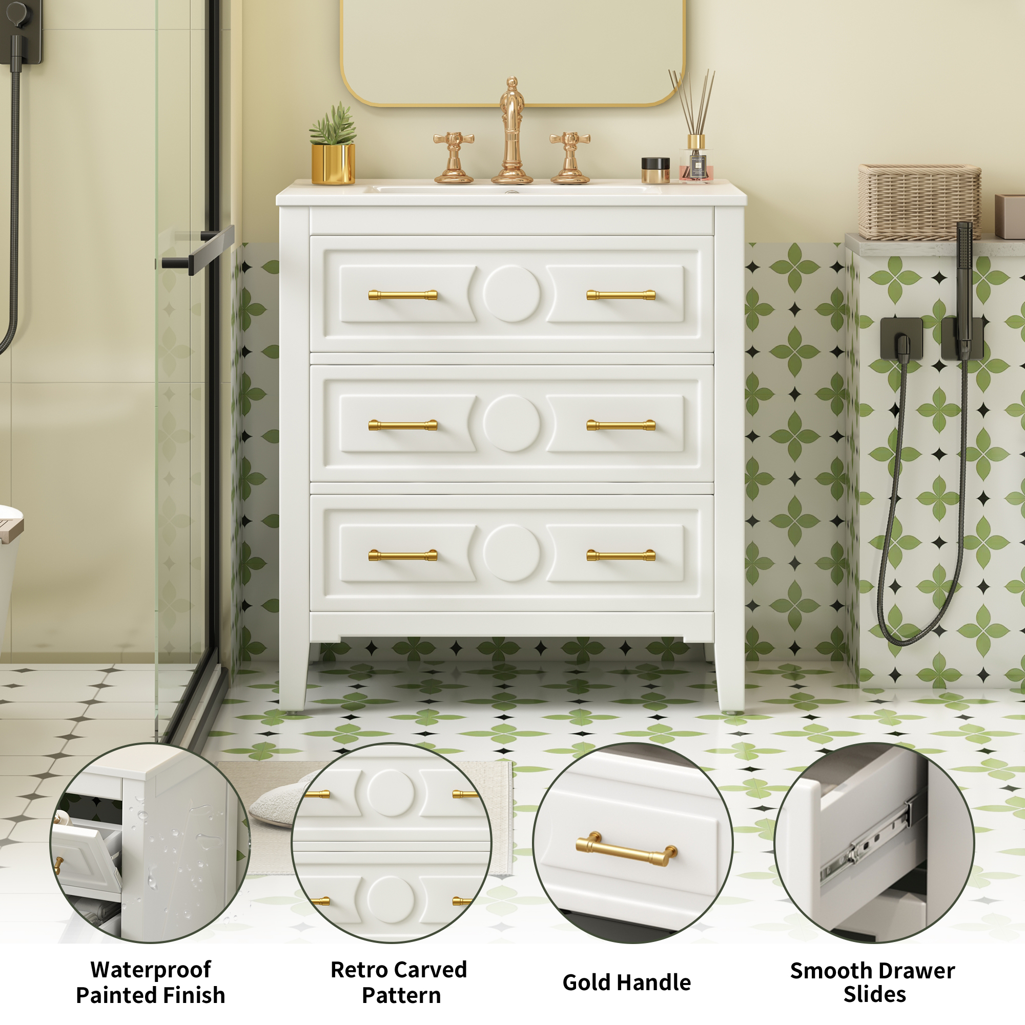 30'' Bathroom Vanity with Ceramic Sink Combo, Free Standing Single Vanity Set with 3 Drawers, Solid Wood Frame Bathroom Storage Cabinet, White — foto 8