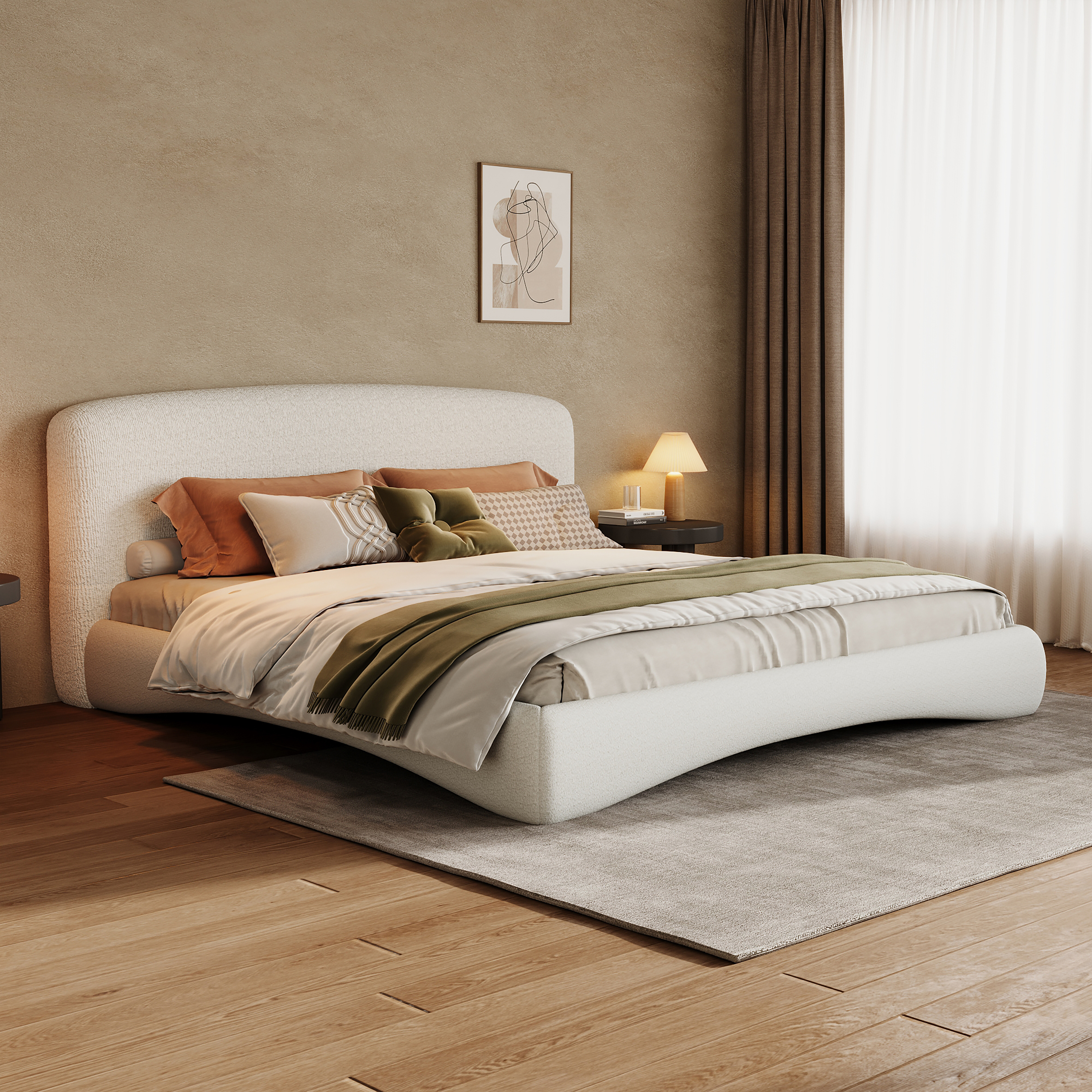 Curved Upholstered Bed with Smart Ambient Lighting,Cream,Queen
