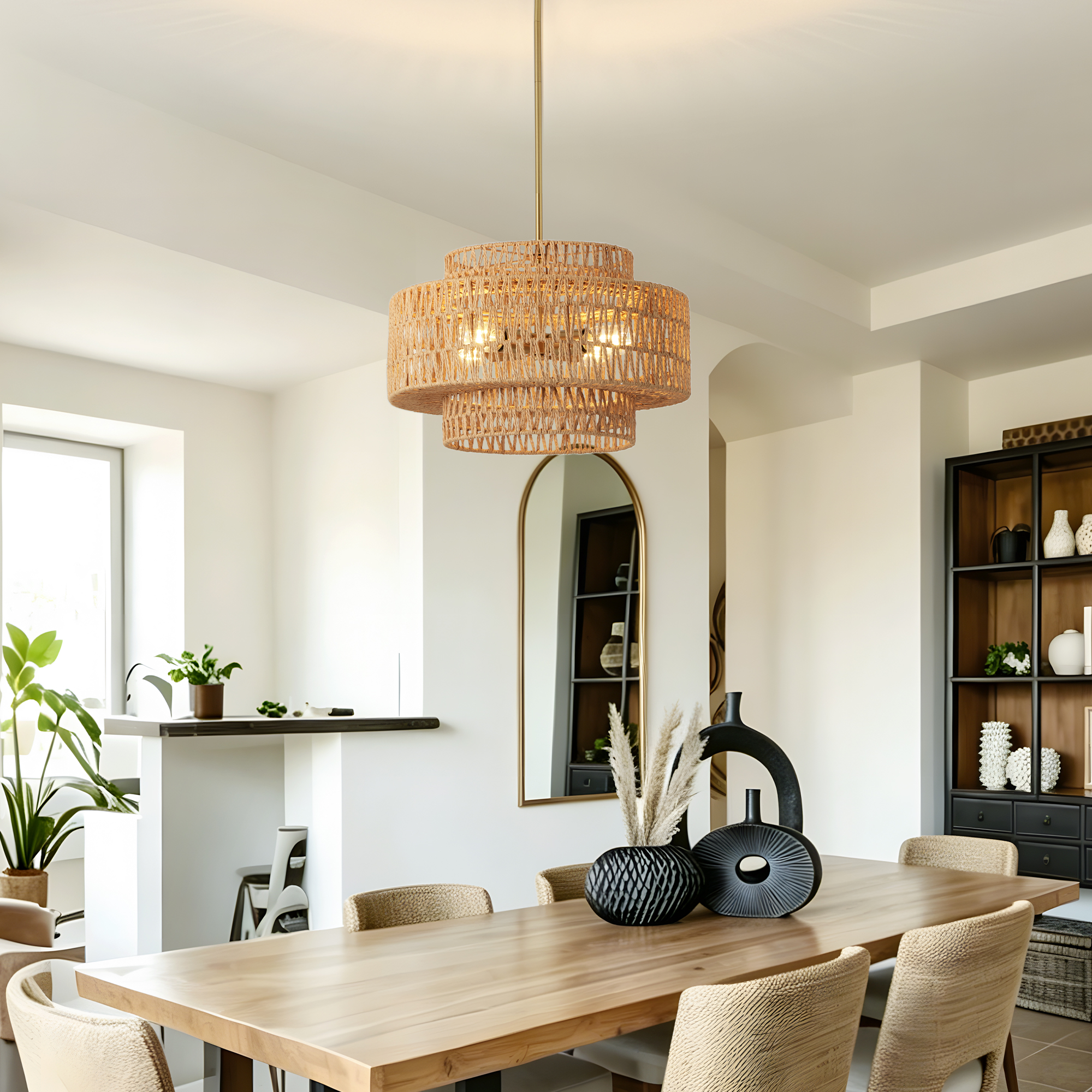 17.7" Boho Rattan Chandelier for Dining Room Light Fixture, 4-Light Hand Woven Wicker Pendant Light Fixture, Farmhouse Rustic Hanging Chandelier for Dining Room, Kitchen Island, Living, Bedroom — foto 6