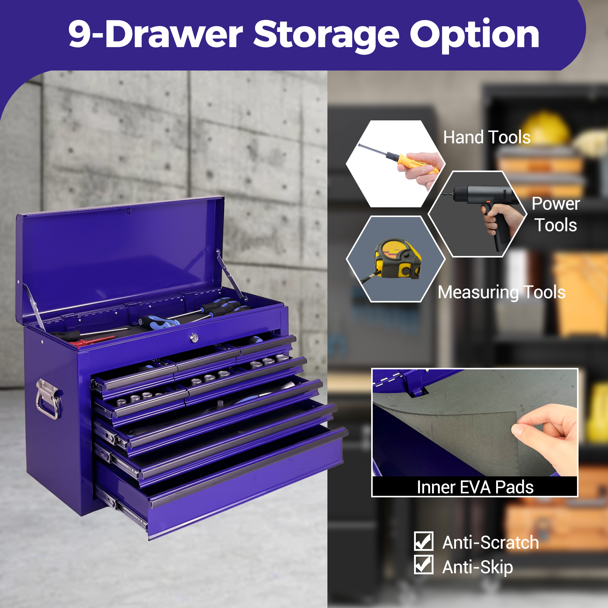 Heavy Duty Metal Tool Box, 24-inch, Portable Metal Tool Box with 9 Drawers, Small Tool Chest with EVA Liners, Ball Bearing Slide Drawers Locking & Powder Coated Finish, Multi-Function Tool Organizer — foto 10