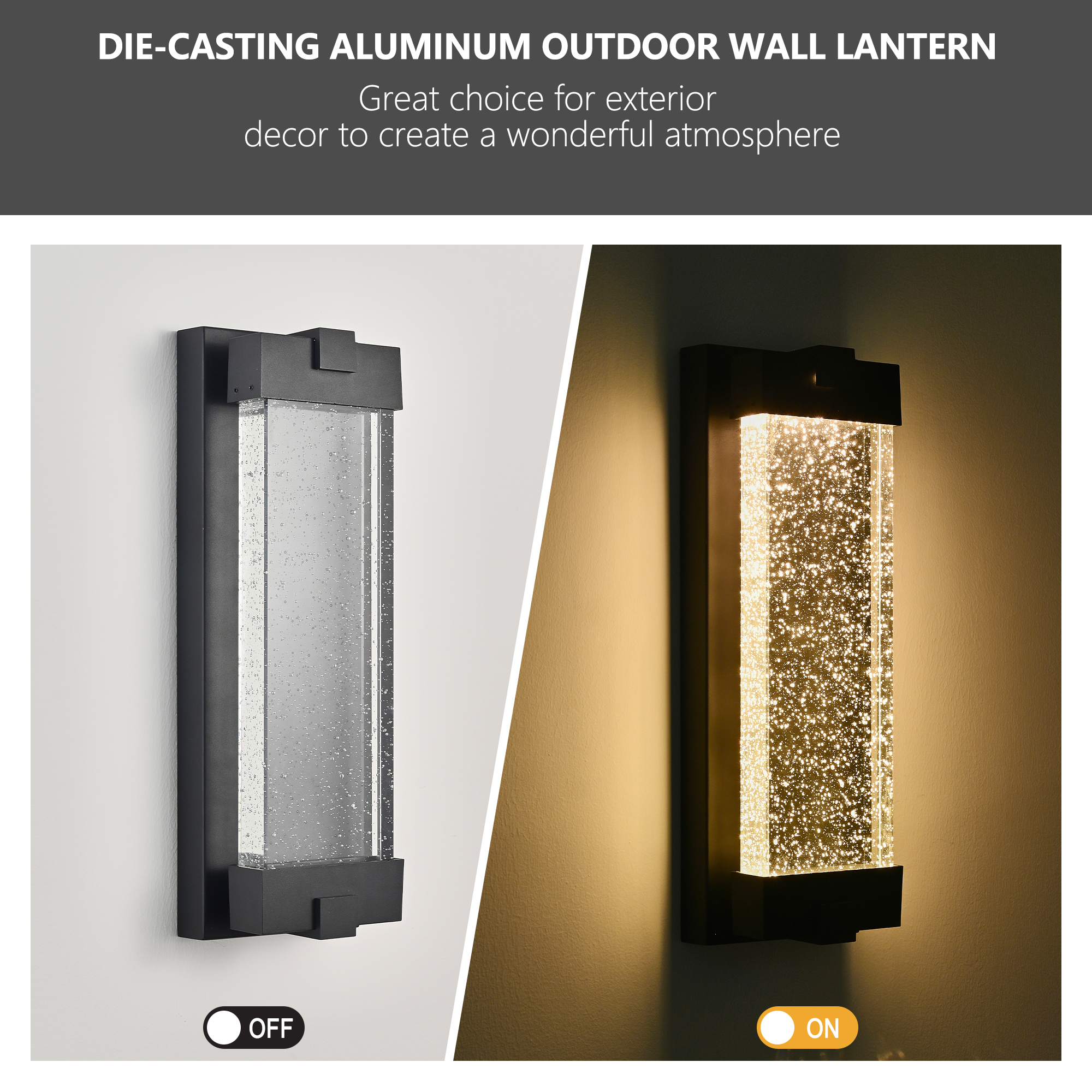 19"(H) Black Aluminum Finish Outdoor Wall Light with Bubble Crystal Glass, LED Light Source, 3000K Warm Light, Weatherproof Exterior Sconce for Patio, Porch, or Garage (1-pack)