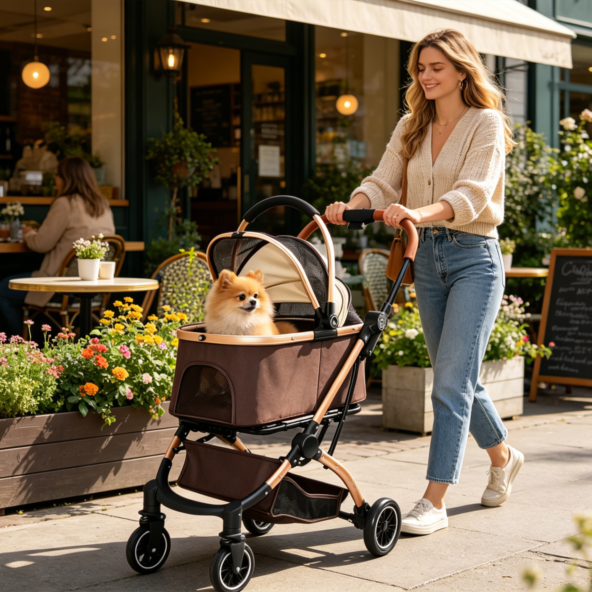 Pet Stroller for Dogs and Cats, 2-in-1 Detachable Foldable 4 Wheels Pet Stroller, Quick One-Hand Fold, Storage Basket, Detachable Carry Basket with Sun Canopy(Khaki++Gold) — foto 3