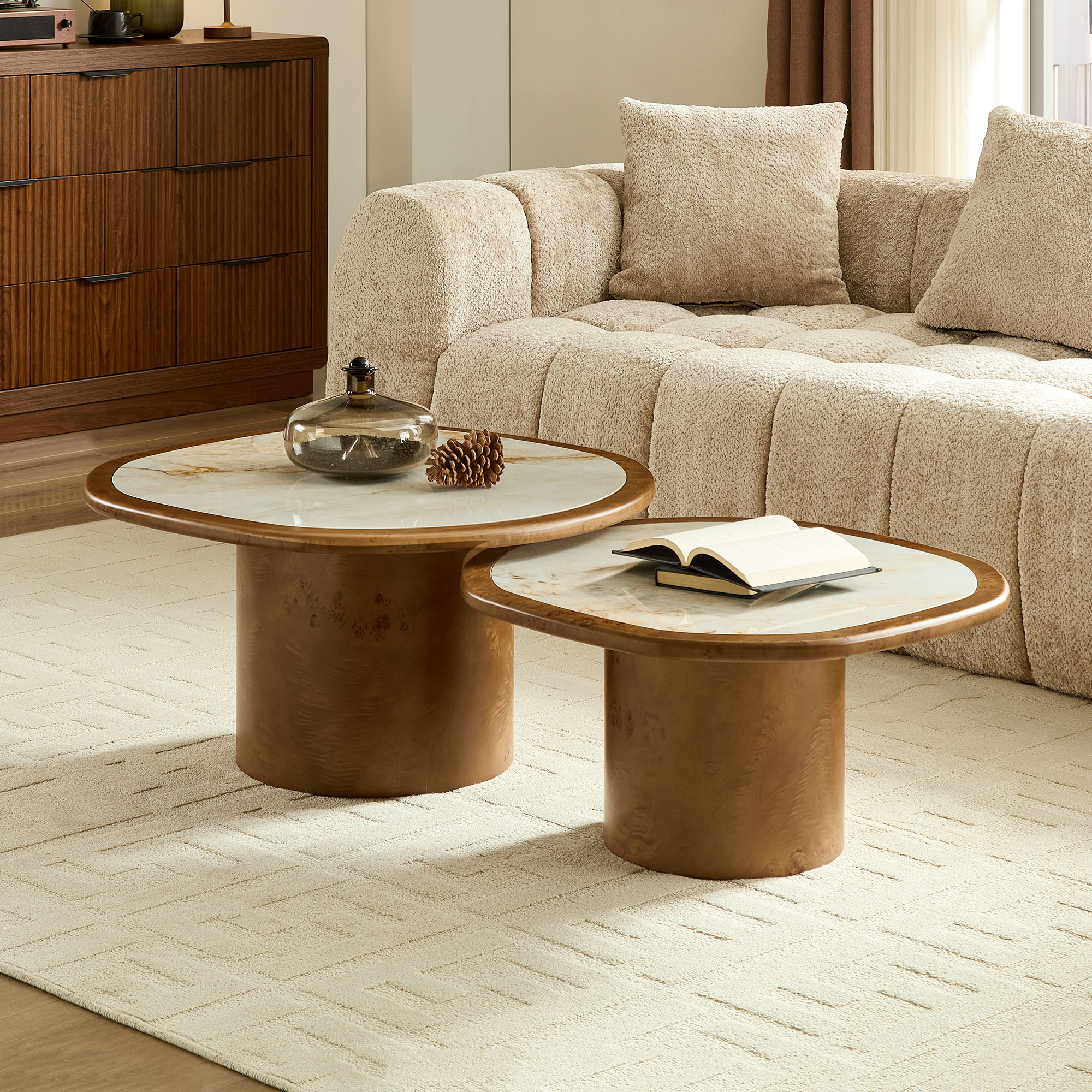 Irregular Coffee Table set, 2pcs burl Wood Veneer Coffee Table,Sintered Stone Tabletop Table with Sturdy MDF Pedestal, Rounded Sofa Side Table for living Room,Office — foto 2