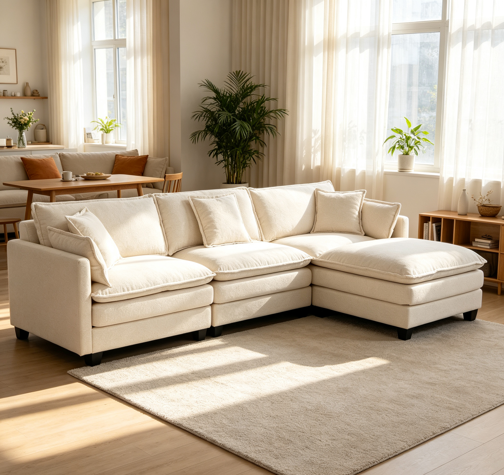Modern 3seats with ottoman 113.77"Sectional Sofa with Waist Pillows,3-seat Upholstered Symmetrical Sofa Furniture,Sleeper Sofa Couch with Chaise Lounge for Living Room,Apartment,3 Color