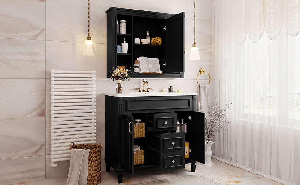 36'' Bathroom Vanity with Top Sink, Black Mirror Cabinet, Modern Bathroom Storage Cabinet with 2 Soft Closing Doors, Single Sink Bathroom Vanity — foto 2