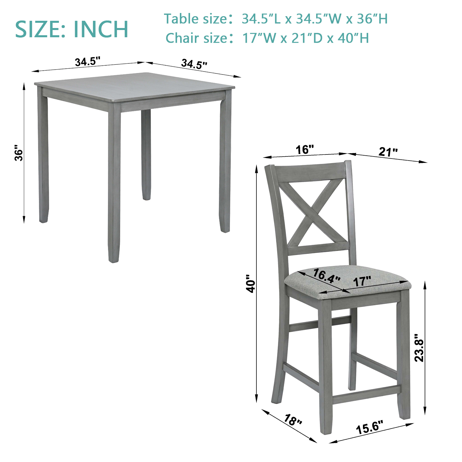 5 Piece Dining Table Set, Wooden Dining Square Table Set for 4, Counter Height Kitchen Table Set with Square Table and 4 Upholstered Chairs for Small Space, Gray — foto 4