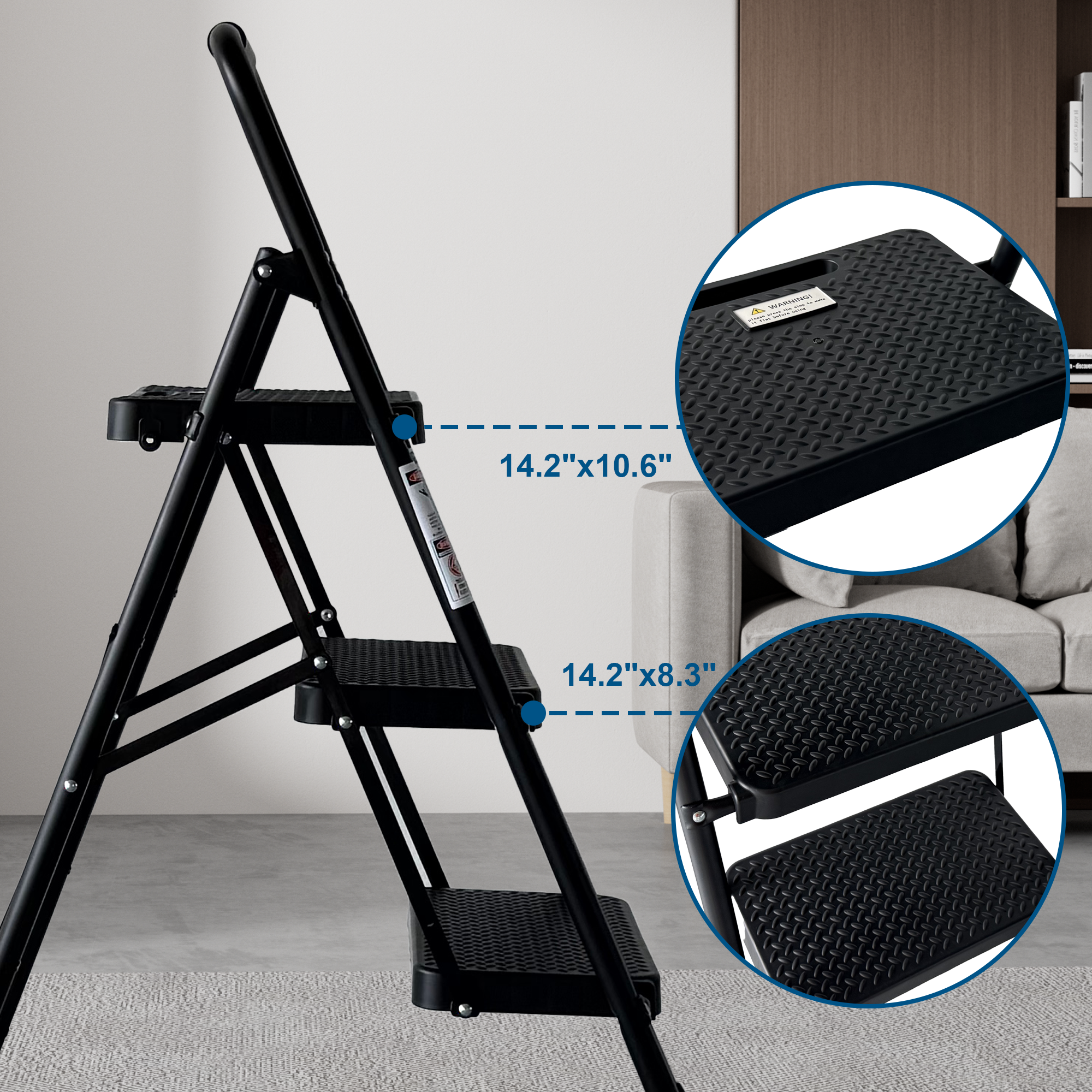 3 Step Ladder, Folding Step Stool with Wide Anti-Slip Pedal, Sturdy Steel Ladder, Lightweight, Portable Steel Step Stool