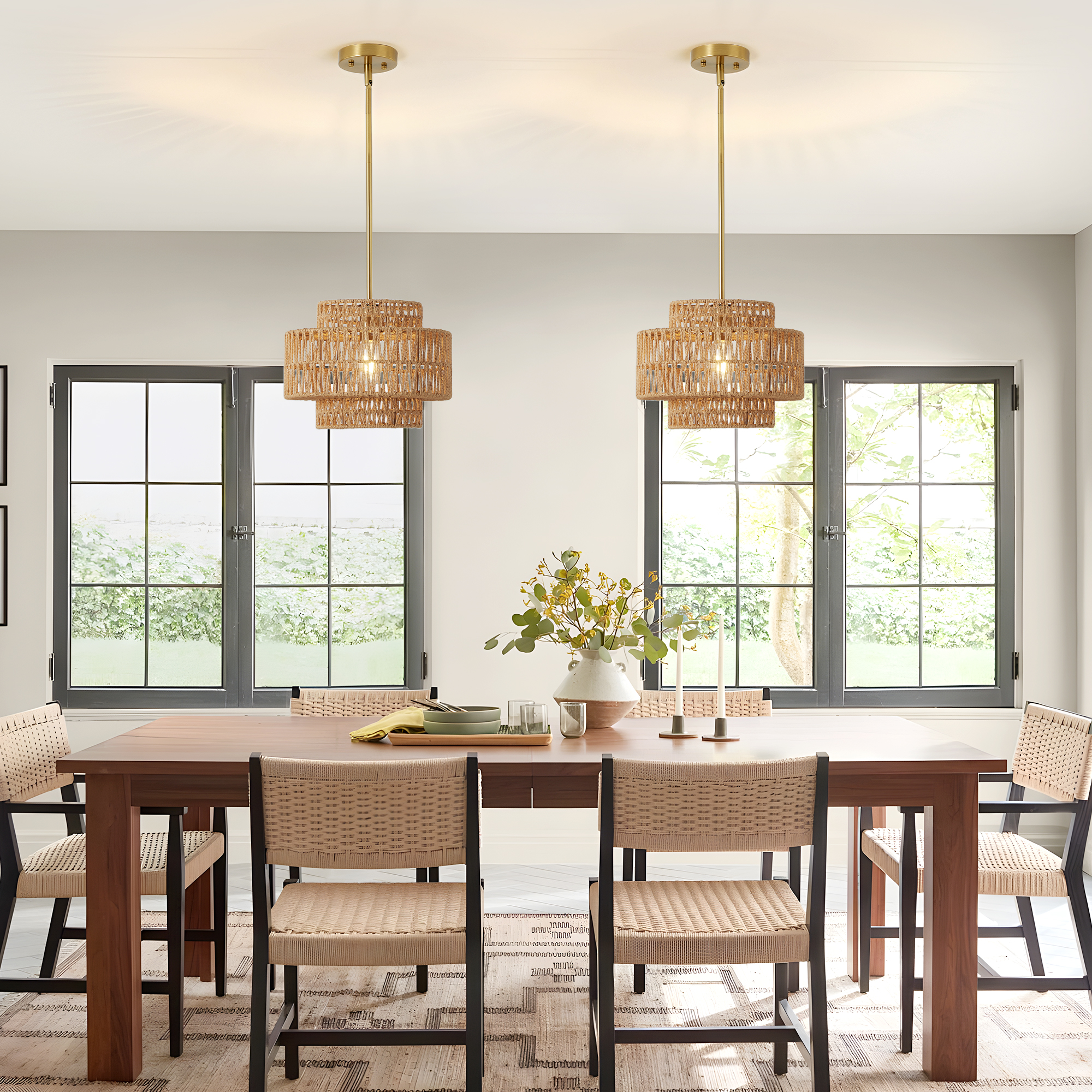 12.6 in Boho Rattan Chandelier Light Fixture,1-Light Hand Woven Pendant Light Fixture Farmhouse Rustic Hanging Lamp for Kitchen Island Bedroom, Dining Room, Living Room, Entryway, Foyer — foto 3