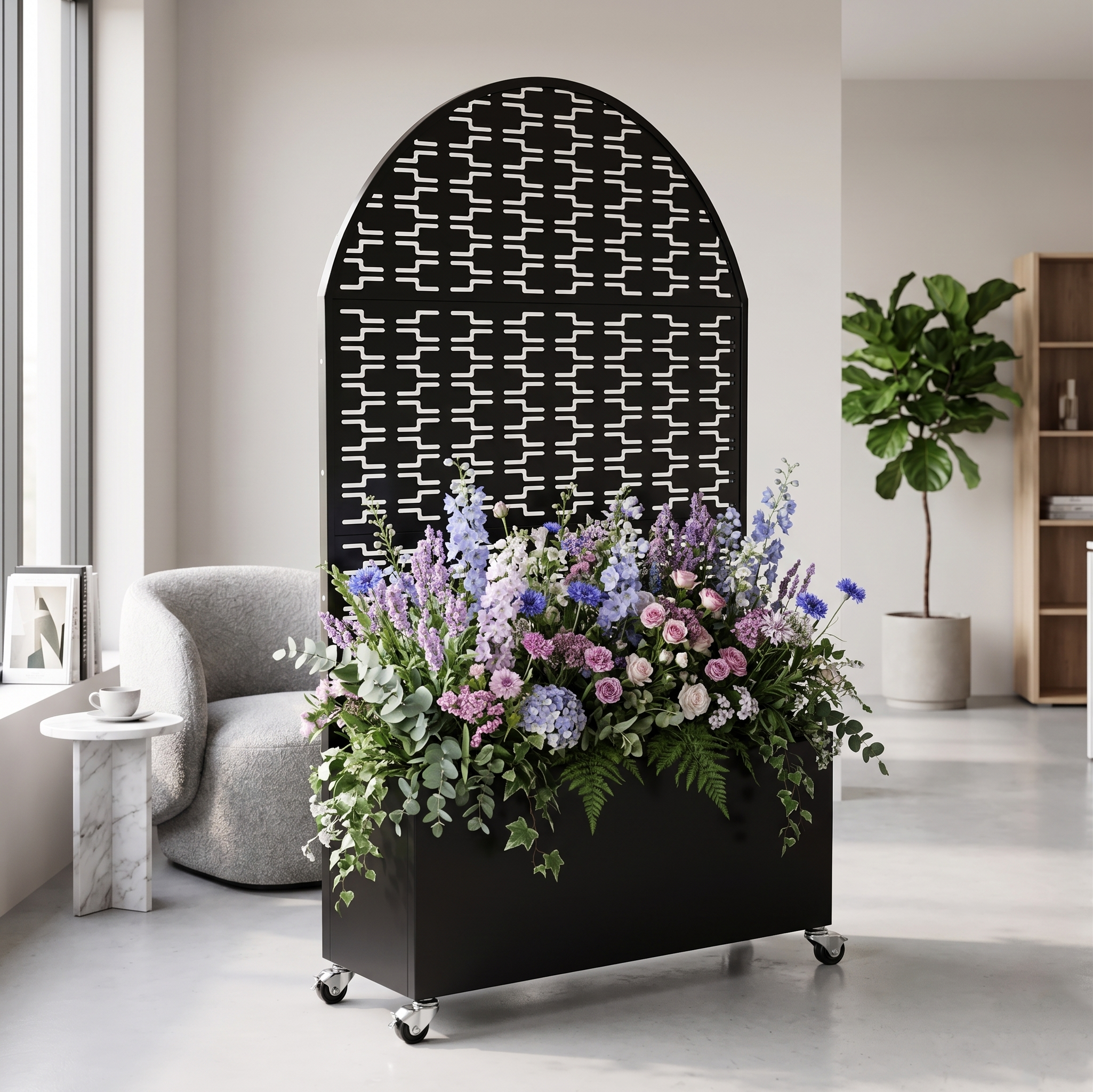 Arched Decorative Privacy Screen with Planter Box, 70.87" Tall Metal Freestanding Fence Planter, 35.04"×15.75"×16.92" Planter Box for Patio Balcony Backyard