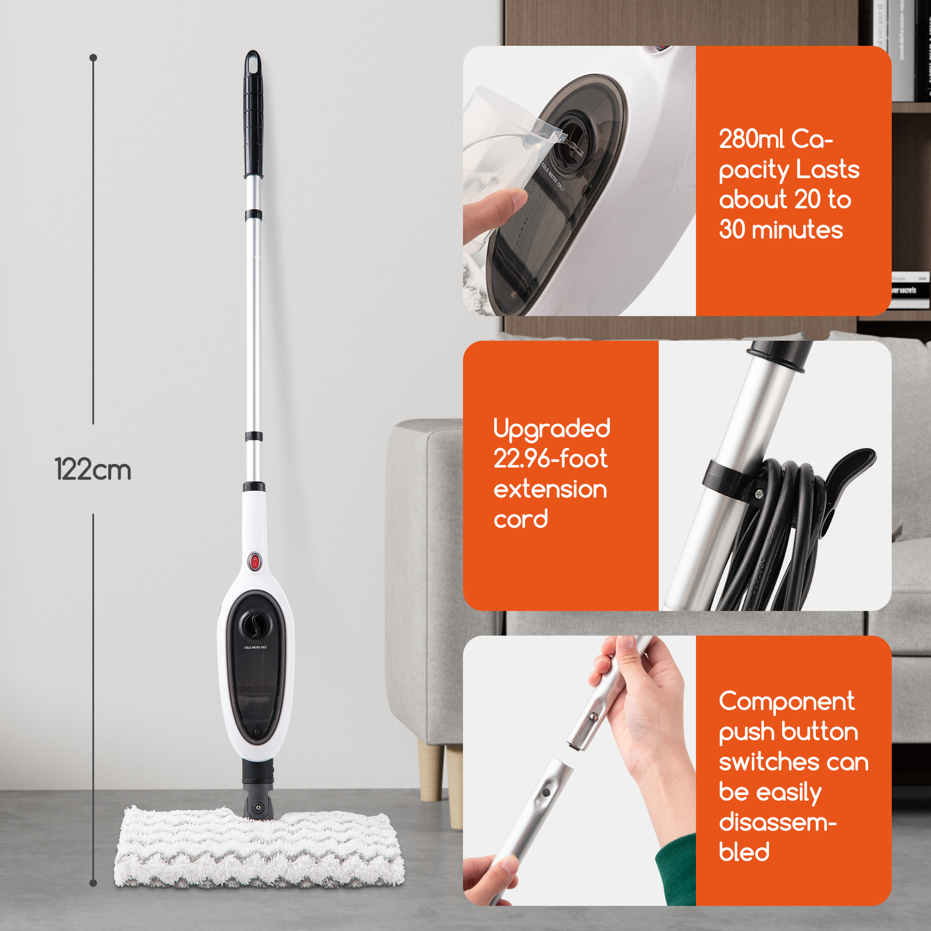 Steam Mops for Floor Cleaning, Unique Double-Sided Flip Design, 15 Seconds Fast Heating 10-in-1 Steam Cleaner for Kitchen, Living Room Wood Floor Tile Cleaning — foto 4