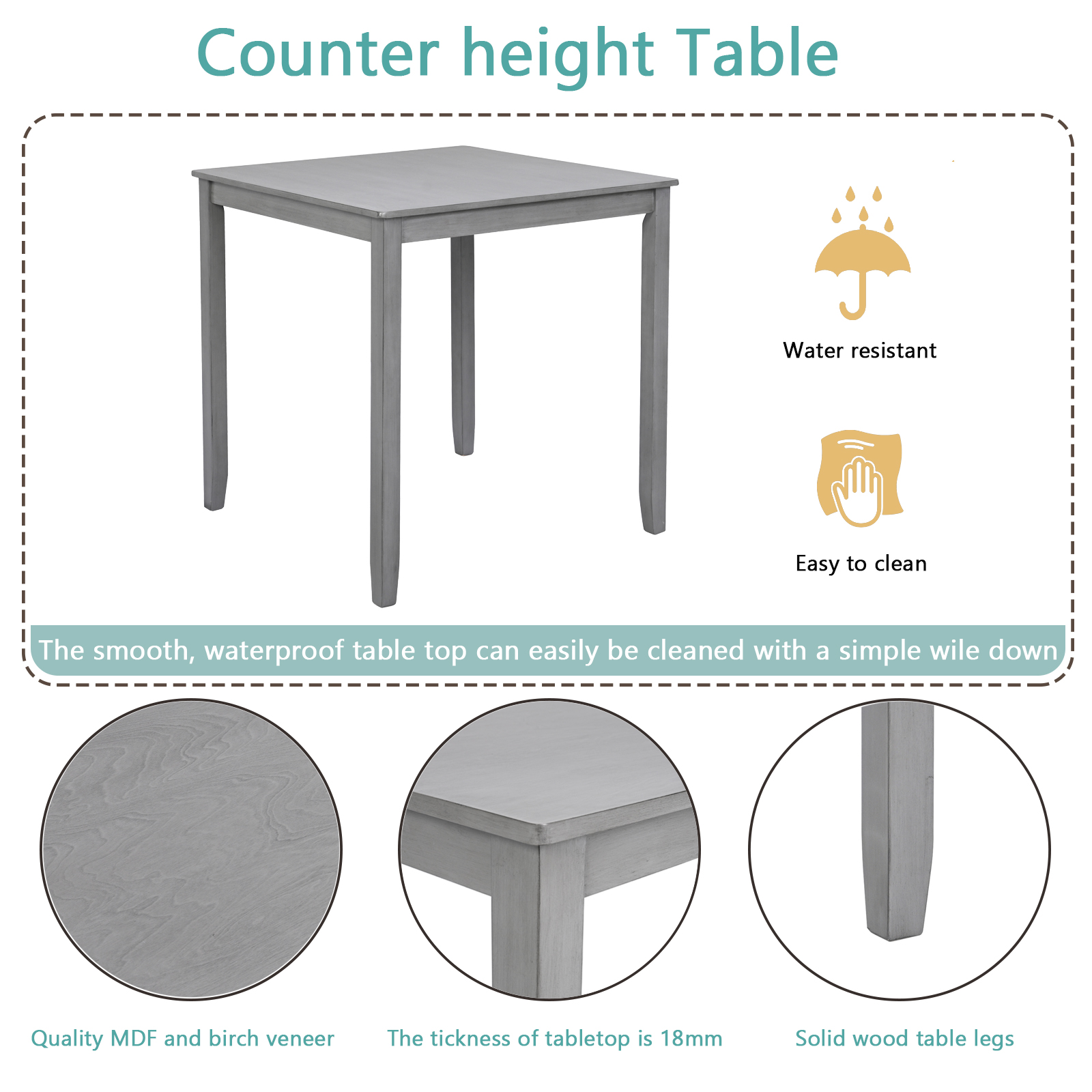 Wooden Dining Square Table, Kitchen Table for Small Space, 4 Person Counter Height Table, Gray, ONLY THE TABLE 7