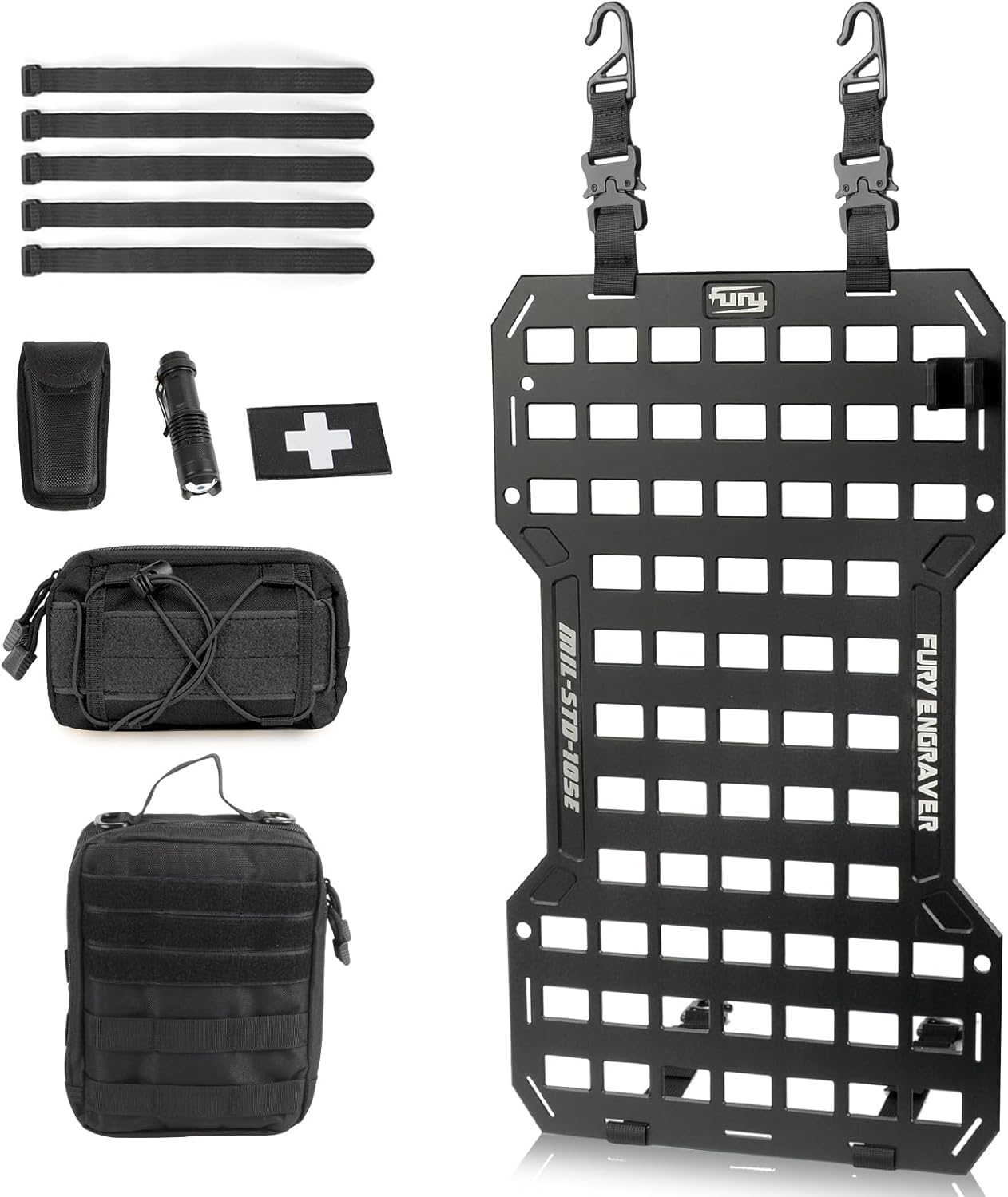 17515 Rigid Molle Panels For Vehicles Truck Mount Rack Panel Tactical Seat Back Organizer with 2 Organizer Storage Bag, 1 Multi-tool Pliers, 1 Flashlight and 5 Fastening Tape
