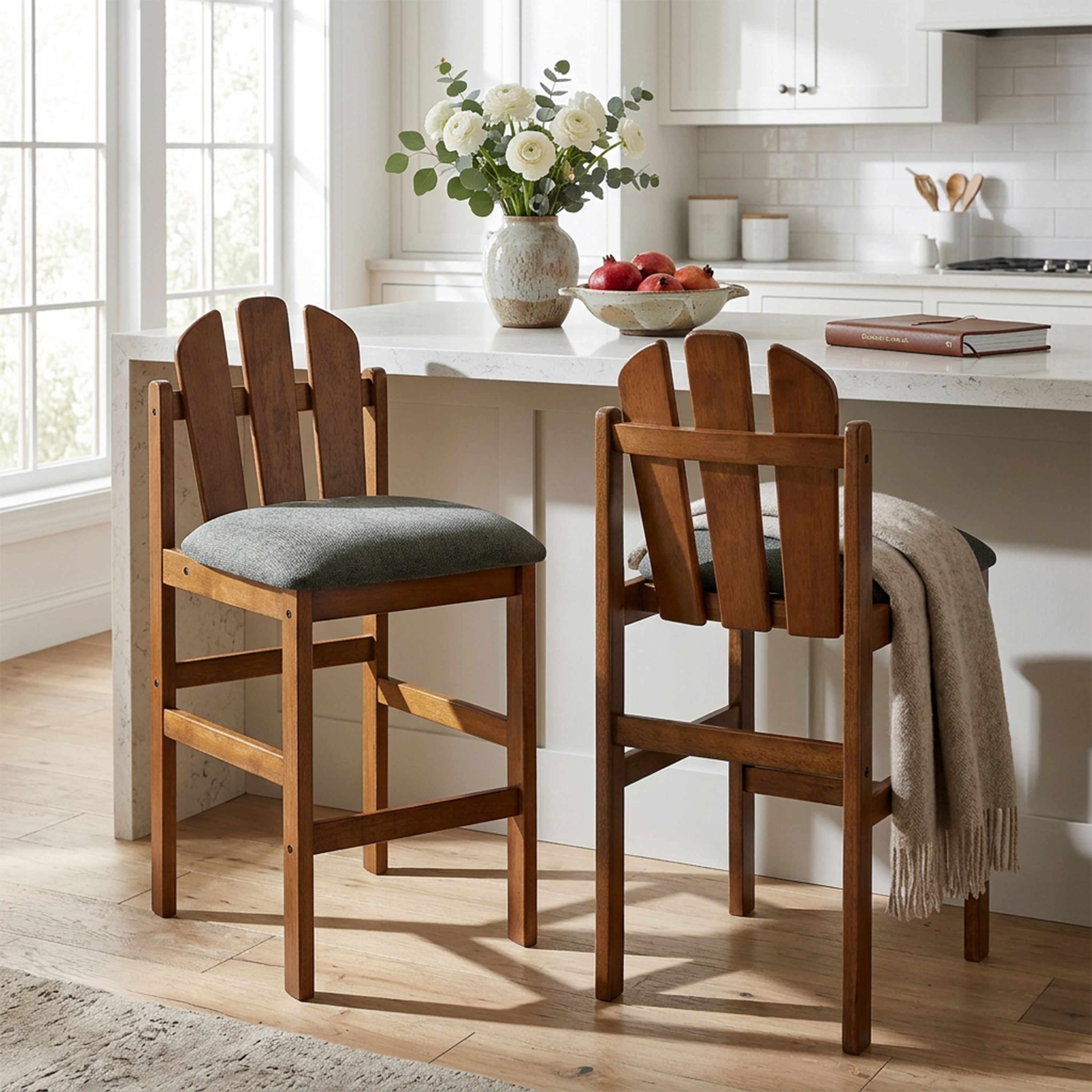Liora Indoor Mid-Century Rubber Wood Upholstered Counter Stool, Walnut Finish and Green Upholstery, Set of 2