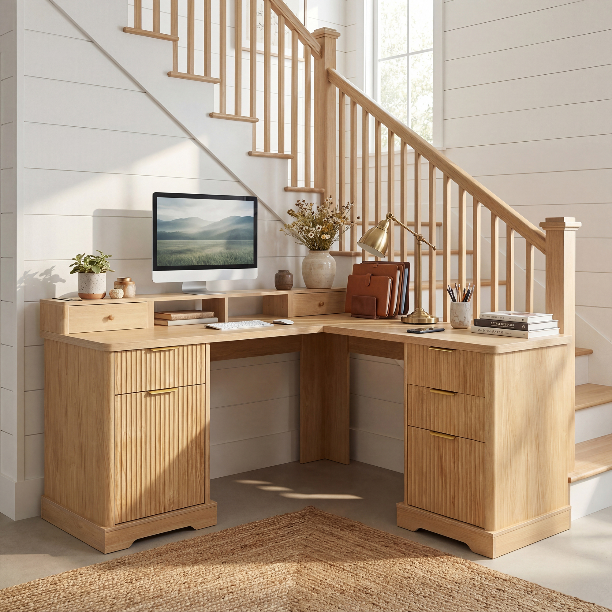 59" Modern Fluted L-Shaped Desk with Charging Station & Storage Cabinet - Home Office Computer Desk with Monitor Stand, File Drawer and Removable Support Shelf for Study, Home Offi