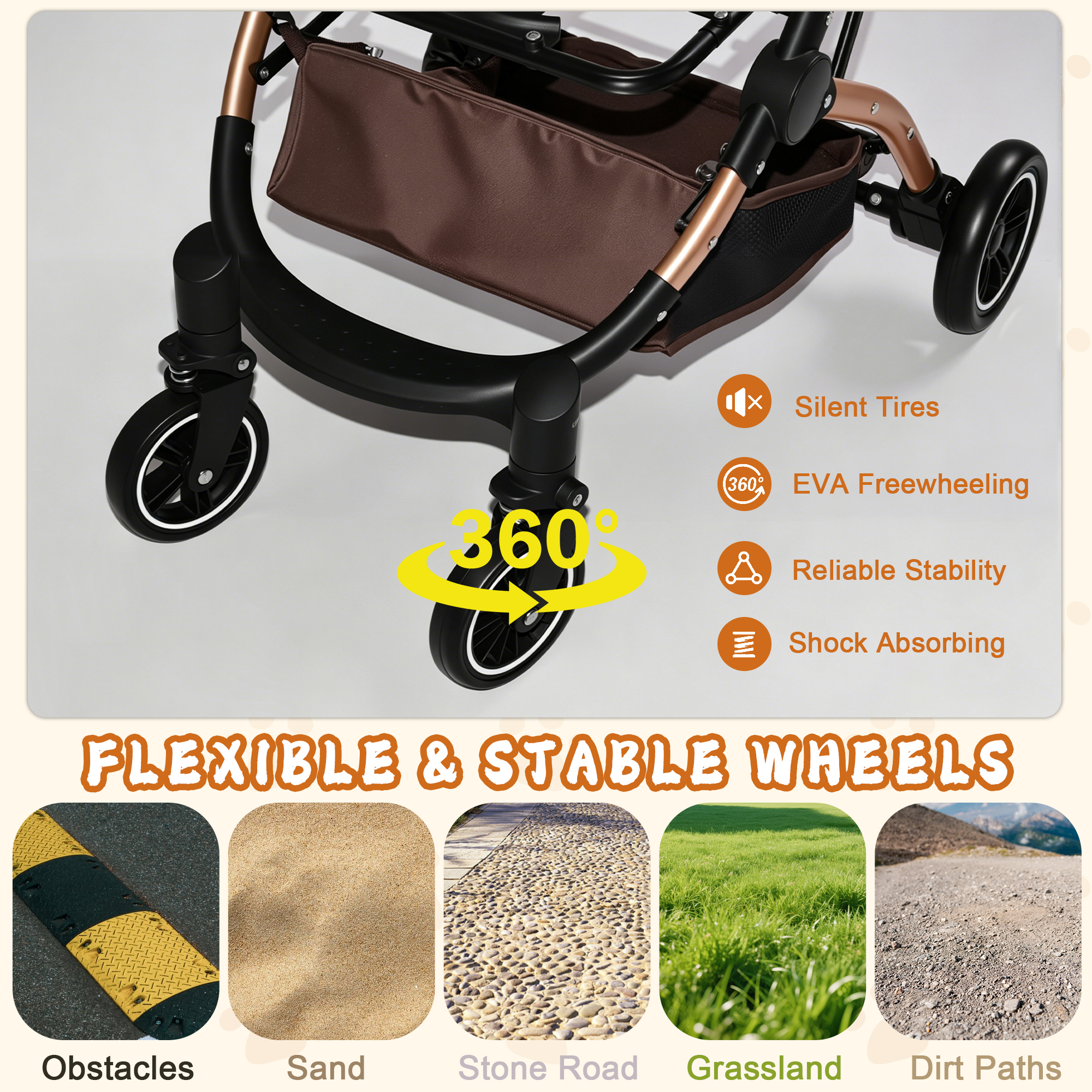 Pet Stroller for Dogs and Cats, 2-in-1 Detachable Foldable 4 Wheels Pet Stroller, Quick One-Hand Fold, Storage Basket, Detachable Carry Basket with Sun Canopy(Khaki++Gold) — foto 5