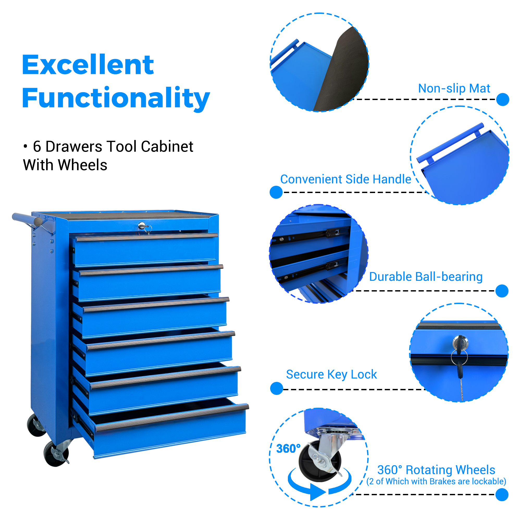 Rolling Metal Tool Chest with 6 Drawers, 20" 6-Drawer Tool Chest Cabinet with Ball Bearing Drawer Slides, Steel Tool Storage Box Organizer  -BLUE — foto 5