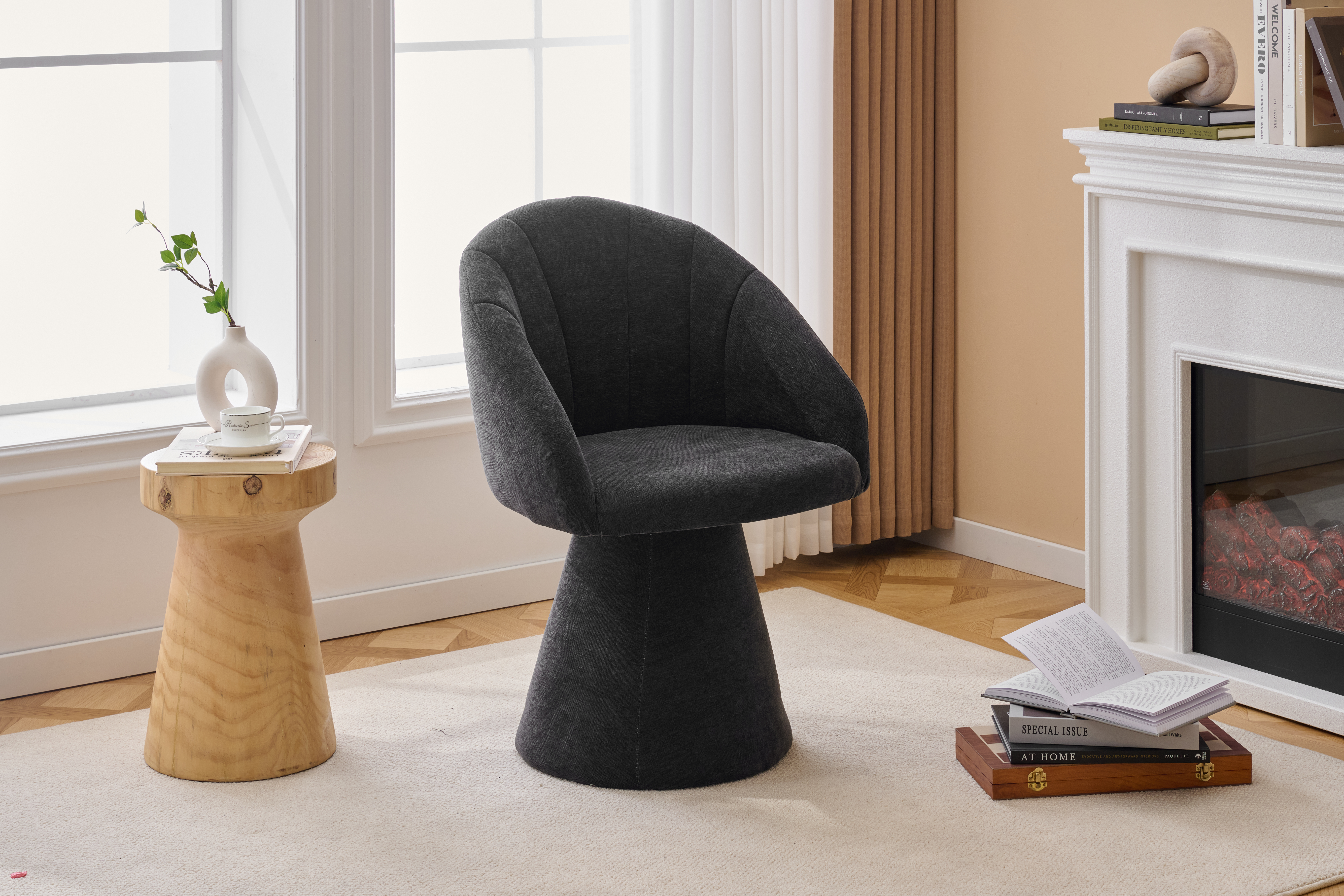 068-Chenille Fabric Swivel Accent Armchair, Comfy Vanity Chair With Curved Backrest, Upholstered Dining Chair With High Cylindrical Base,Gray — foto 8