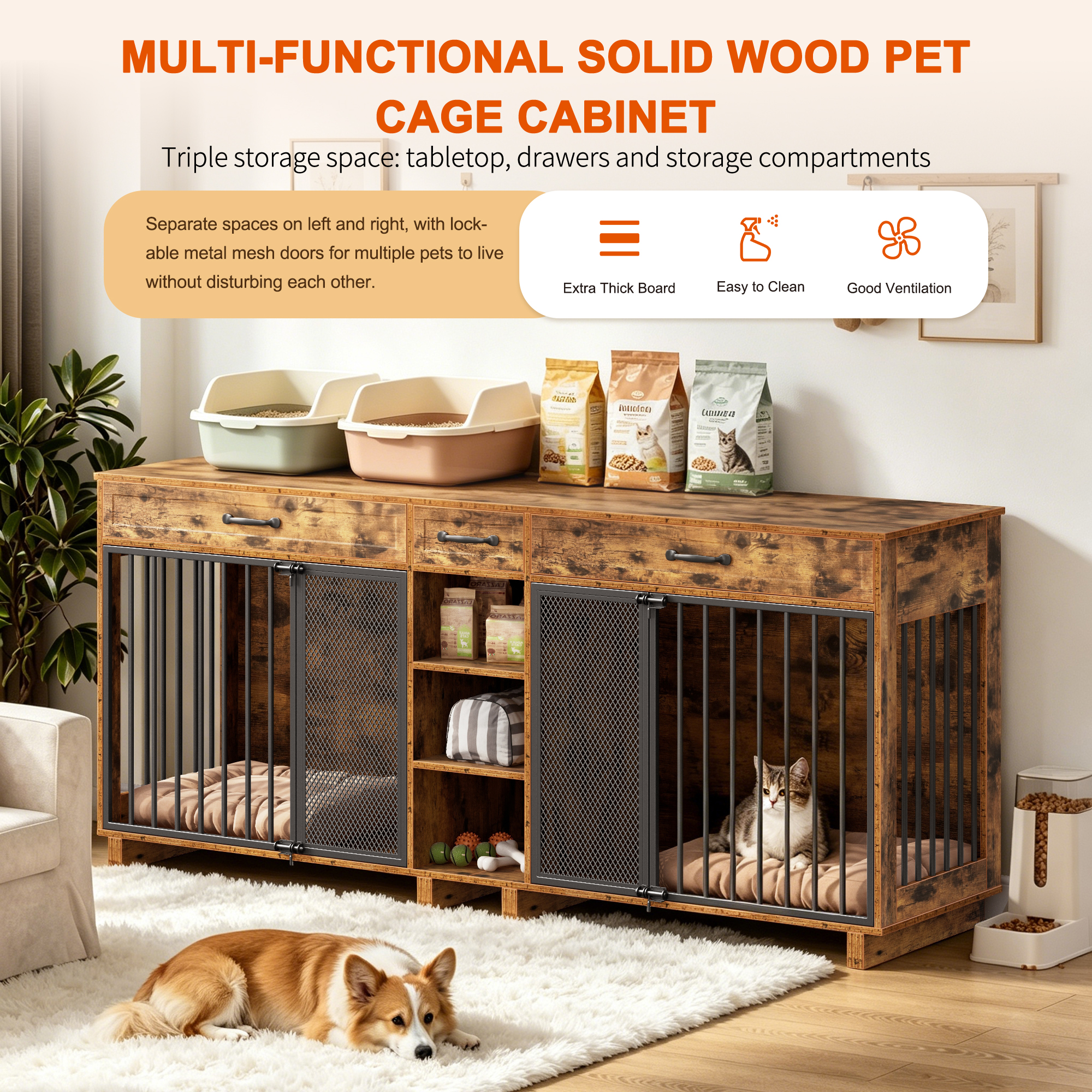 Large Wooden Dog Crate Furniture, Multi-Functional Pet Cage Cabinet with Storage — foto 4