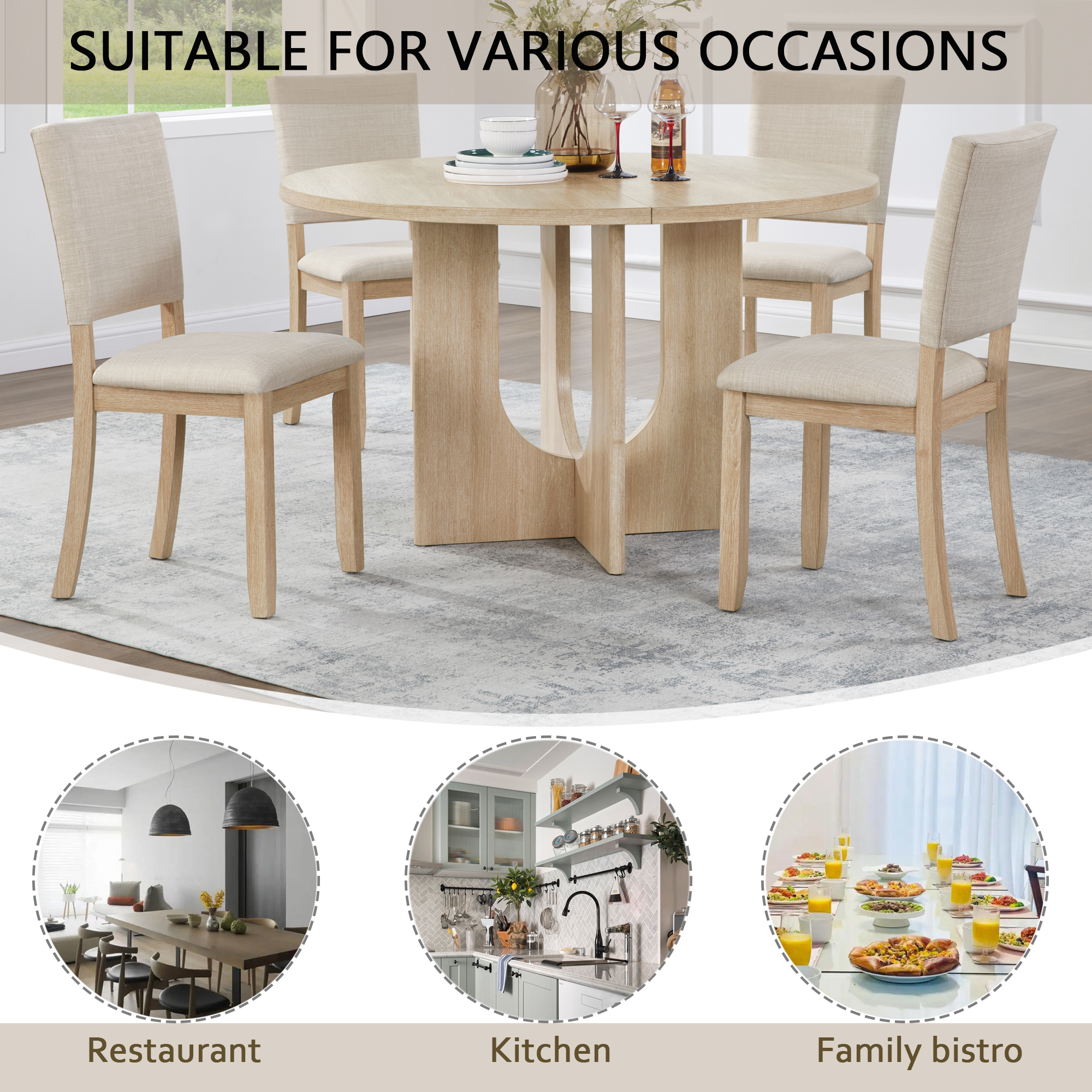47.3" Round Dining Set with 4 Upholstered Dining Chairs, Modern Round Dining Table Set for 4, 5-Piece Round Dining Table Set for Living Room, Kitchen, Light Oak & Beige — foto 3
