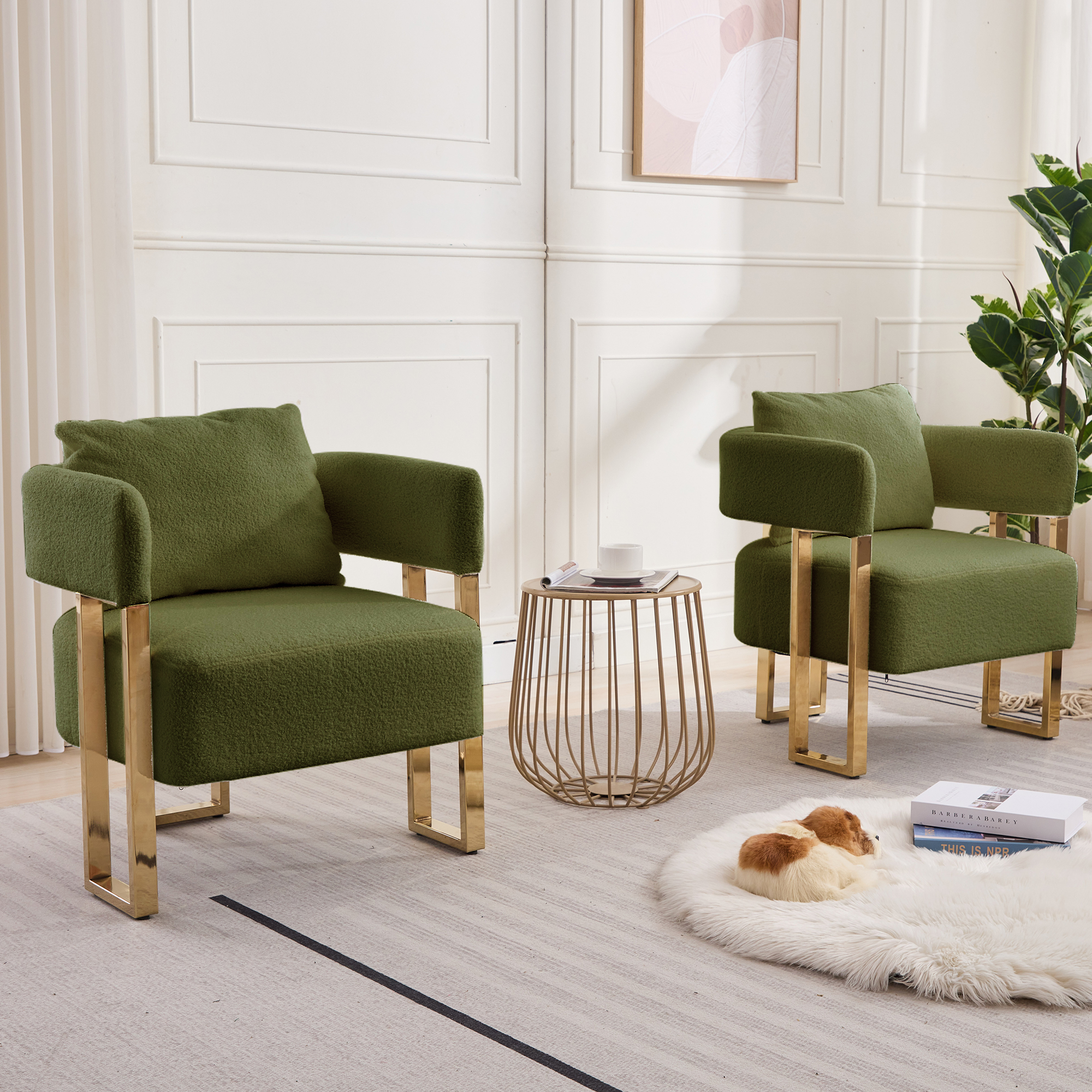 TS Modern decorative chair, living room side chair with gold metal legs, no wheels, suitable for dressing area, reception room, office,Teddy fleece upholstered metal foot sofa 2PC Green — foto 7