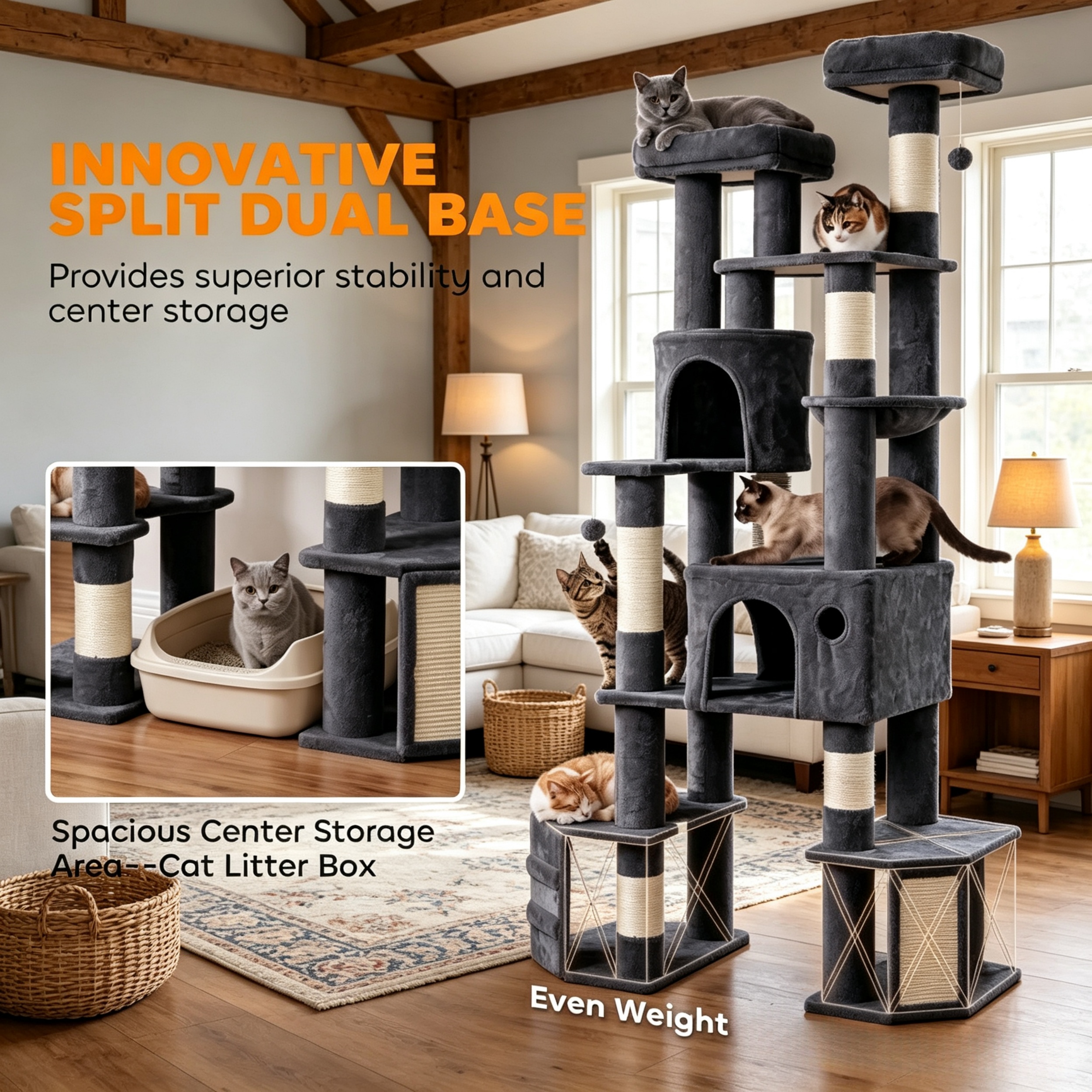 Dark Gray 79 Inch Tall Cat Tower, Reinforced Dual Baseboard for Big Adult Cats — image 1