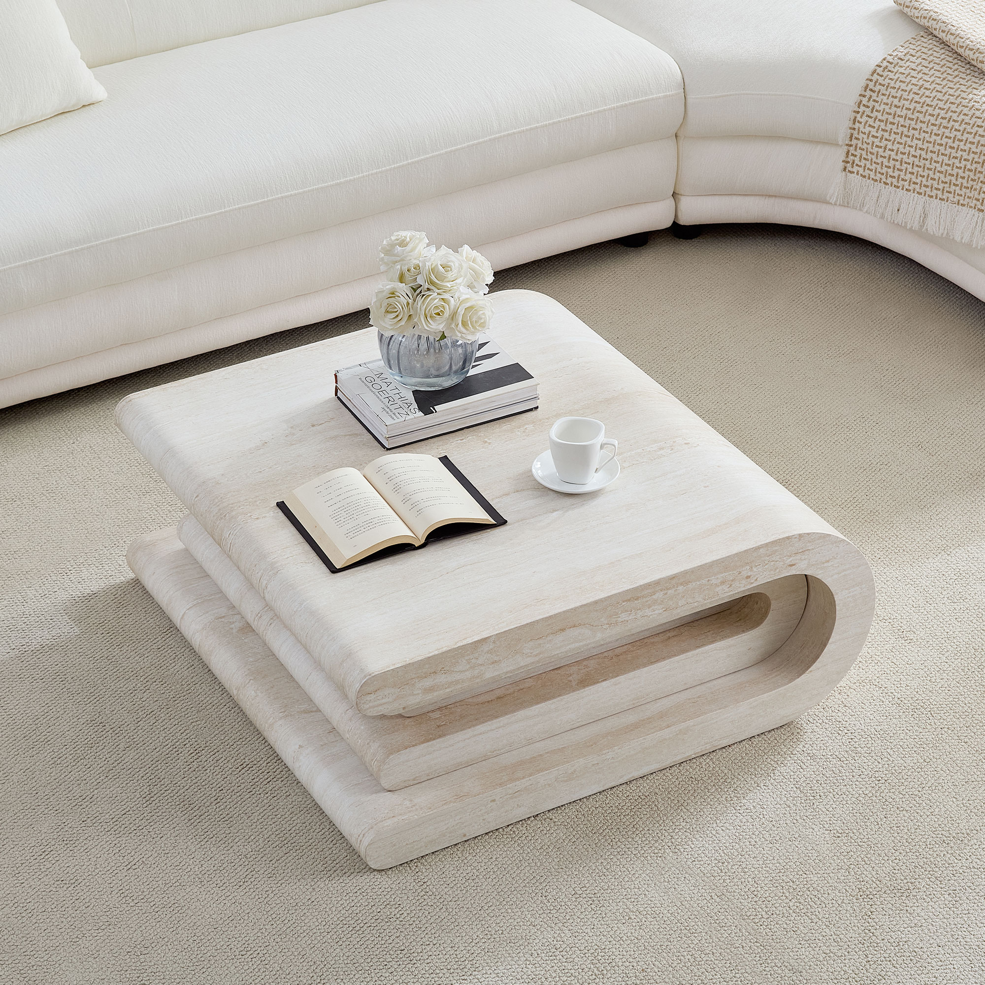 33.86 Inch Square Faux Travertine Pattern Coffee Table for Living Room,MDF Table,Modern Design Irregular Coffee Table with Layered Base for Office,Apartment,No need Assembly — foto 6