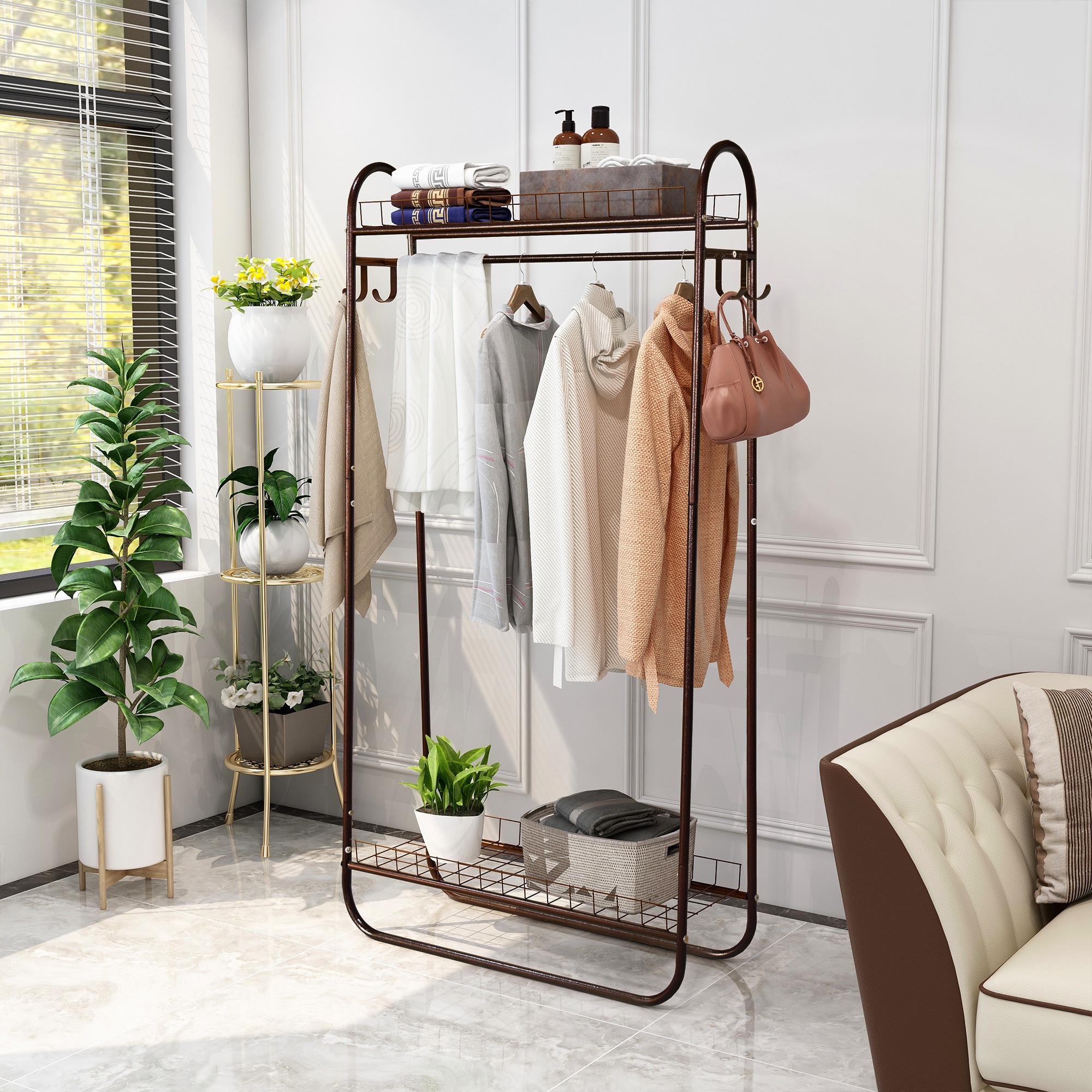 Garment Rack Freestanding Heavy Duty Clothing Rack, Metal Rolling Clothes Rack with Double Shelves, Portable Wardrobe Rack for Hanging Clothes — foto 7