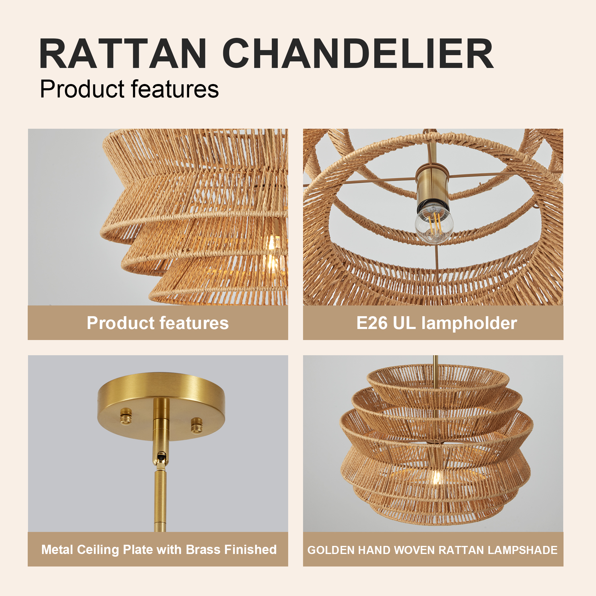 17.3" Rattan Pendant Light,Hand-Woven Rustic Wicker Hanging Light Seagrass Ceiling Chandelier,Water Plants Rattan Chandelier for Dining Living Bedroom Kitchen Farmhouse — foto 7