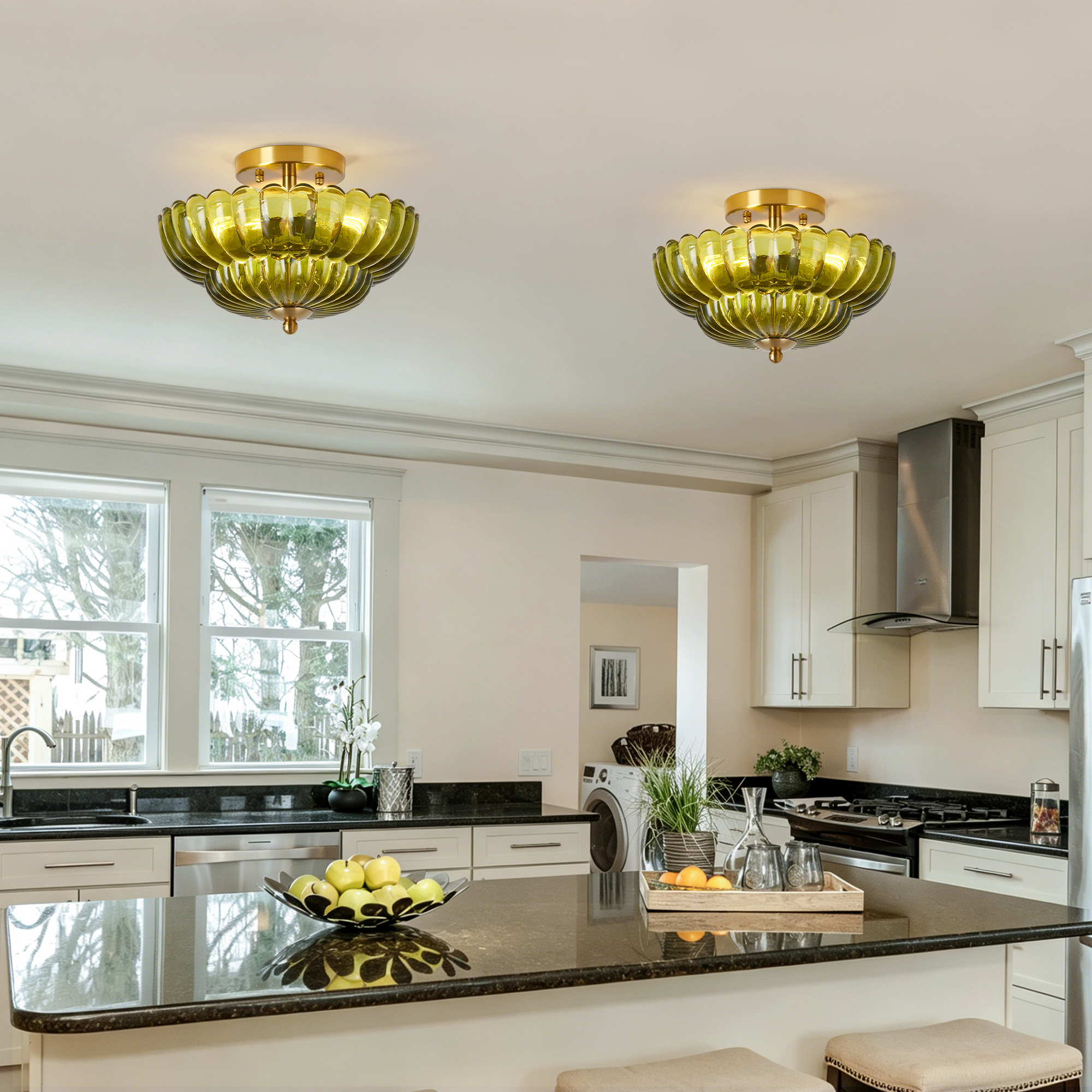 11.8 inch Kitchen Ceiling Light, 3-Light Semi Flush Mount Ceiling Lamp with Flower Glass, Vintage Close to Ceiling Light Fixtures for Bathroom Bedroom Hallway Entryway, Green 3