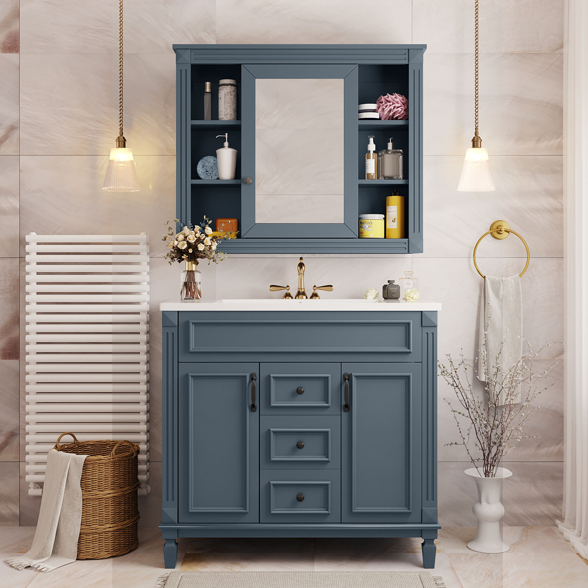 36'' Bathroom Vanity with Top Sink, Royal Blue Mirror Cabinet, Modern Bathroom Storage Cabinet with 2 Soft Closing Doors, Single Sink Bathroom Vanity — foto 4