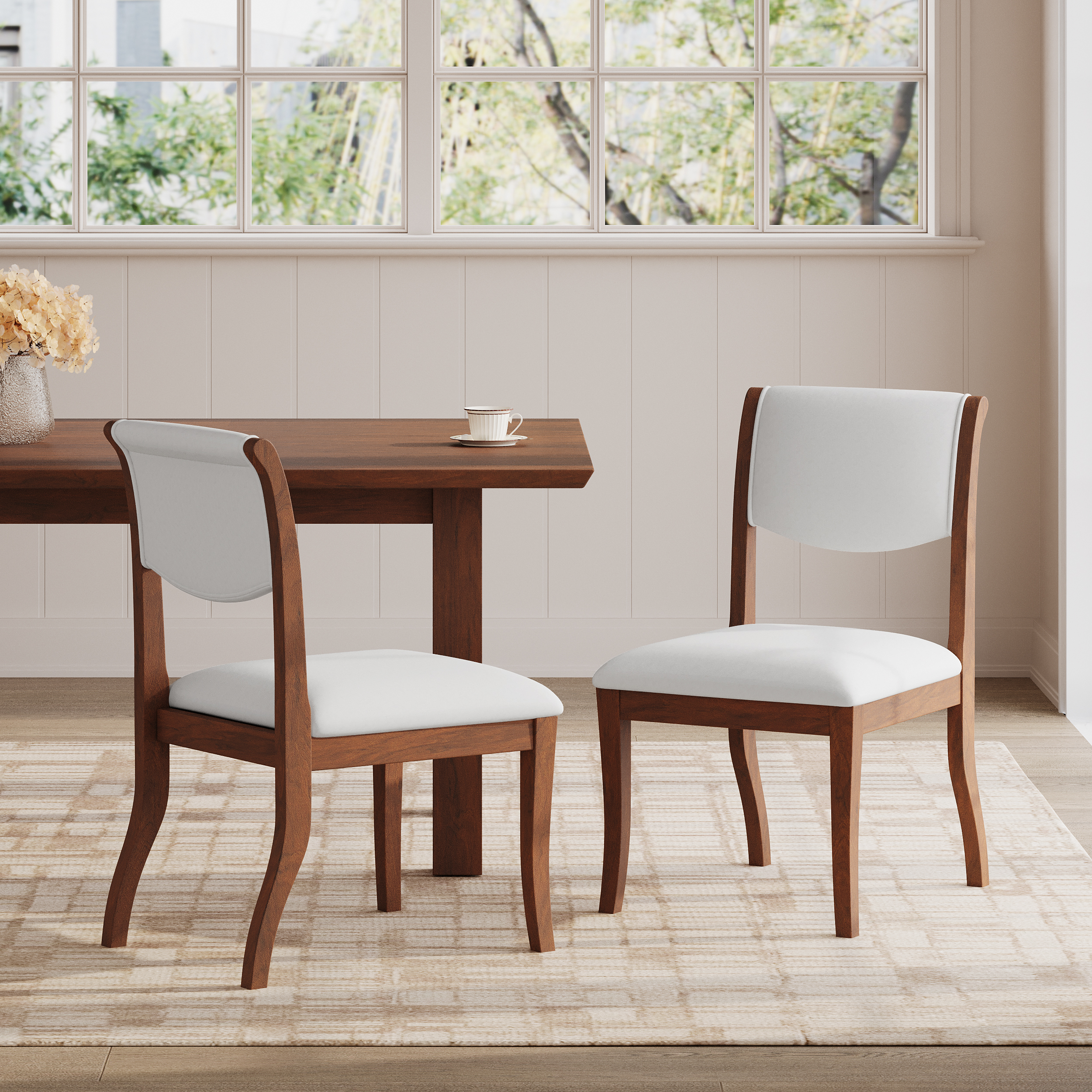 Walnut Finish Upholstered Dining Chairs Set of 2 - Traditional Elegant Fabric Side Chairs with Curved Lines, Solid Hardwood Frame