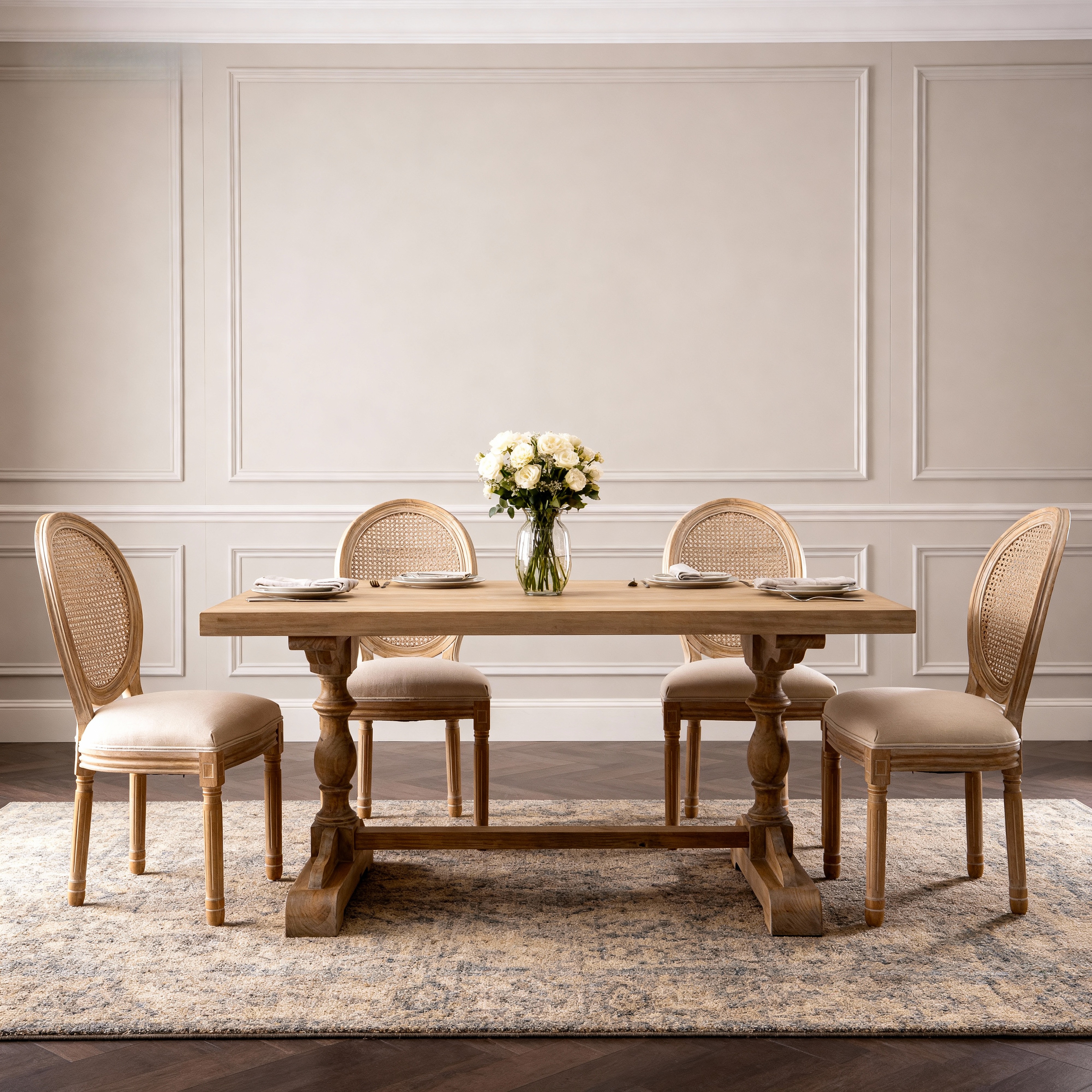 French Style Solid Wood Frame Linen Fabric Rattan Back Dining Chair,Set of 2, Beige product image