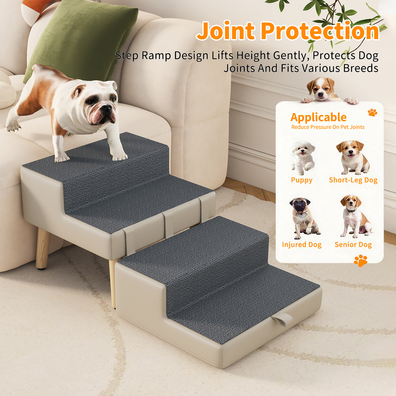 4-Step Ottoman Dog Stairs, 2-in-1 Foldable Pet Ramp for Bed,  Dog Ramp for Small Puppy and Cats, Sturdy Wood Frame Support with Non-slip walking surface, Holds Up To 220lbs ( Light Grey Color ) — foto 2