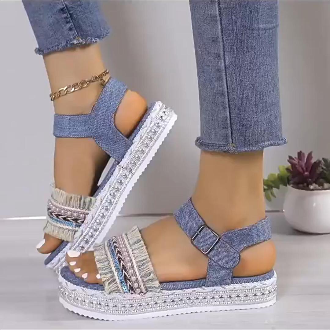 Fashion Tassel Denim Sandals With Thick-soled Flat Heel New Summer