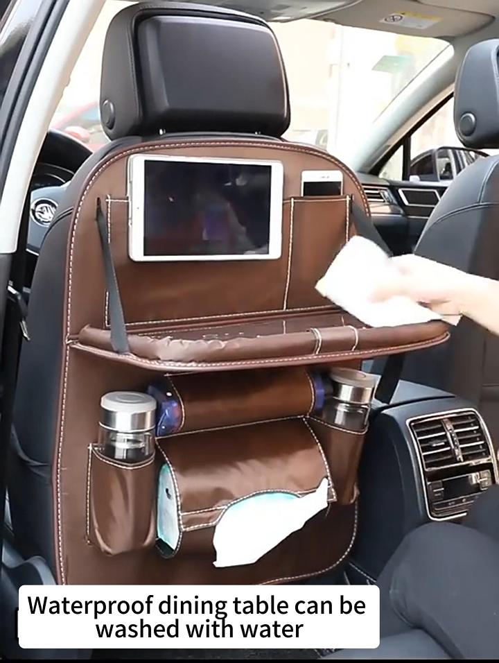 Car Trash Can With LED Light - PU Leather, Magnetic Closure, Hanging Back Seat Garbage Bag, Includes 30 Liners (Beige)