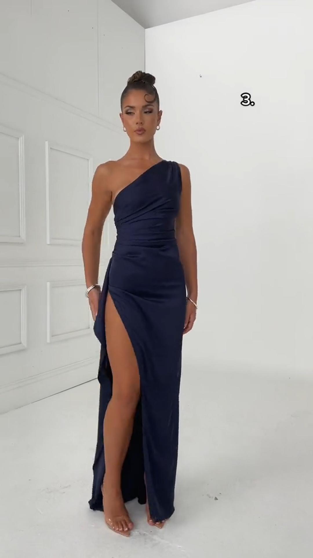 Sexy One-shoulder Backless Slit Dress Summer Elegant Slim-fit Solid Color Satin Dresses For Women - CJdropshipping Sexy One-shoulder Backless Slit Dress Summer Elegant Slim-fit Solid Color Satin Dresses For Women - CJdropshipping