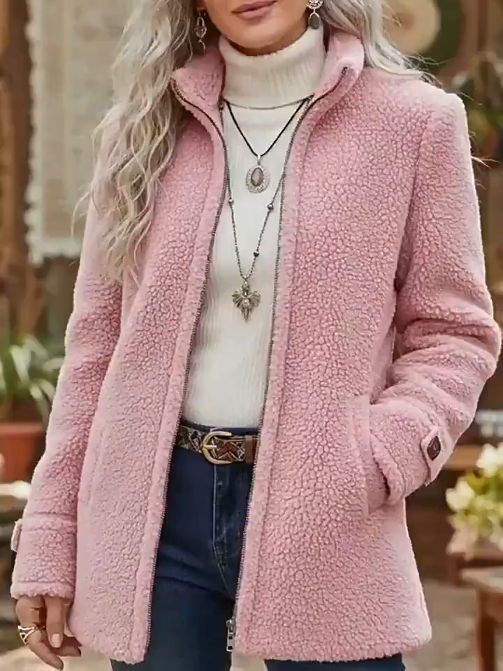 Fleece Zip-Up Jacket Women's Stand Collar Solid Color Loose Fit