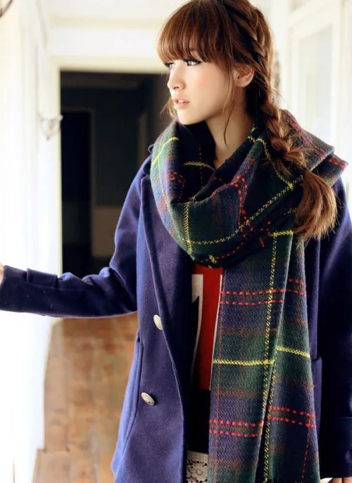 Autumn And Winter Warm British Plaid Tassel Air Conditioning Large Shawl Green - Shop at LoveMi