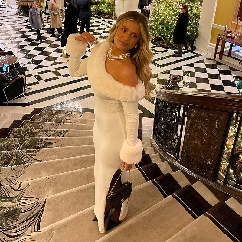 white pencil maxi dress silhouette with long sleeves and clean lines, refined holiday party white dress vibe