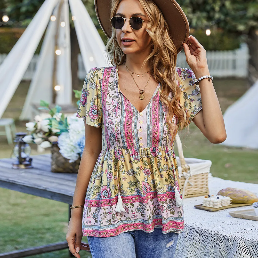 Fashion Women's Wear Bohemian Casual Vacation Style Top - Yellow