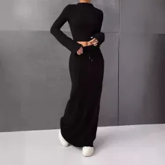 Loose Casual Solid Colour Long Sleeve Dress Two-piece Set - Black - View 1