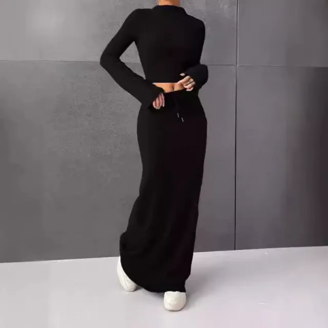 Loose Casual Solid Color Long Sleeve Dress Two piece Set Black - Shop at LoveMi